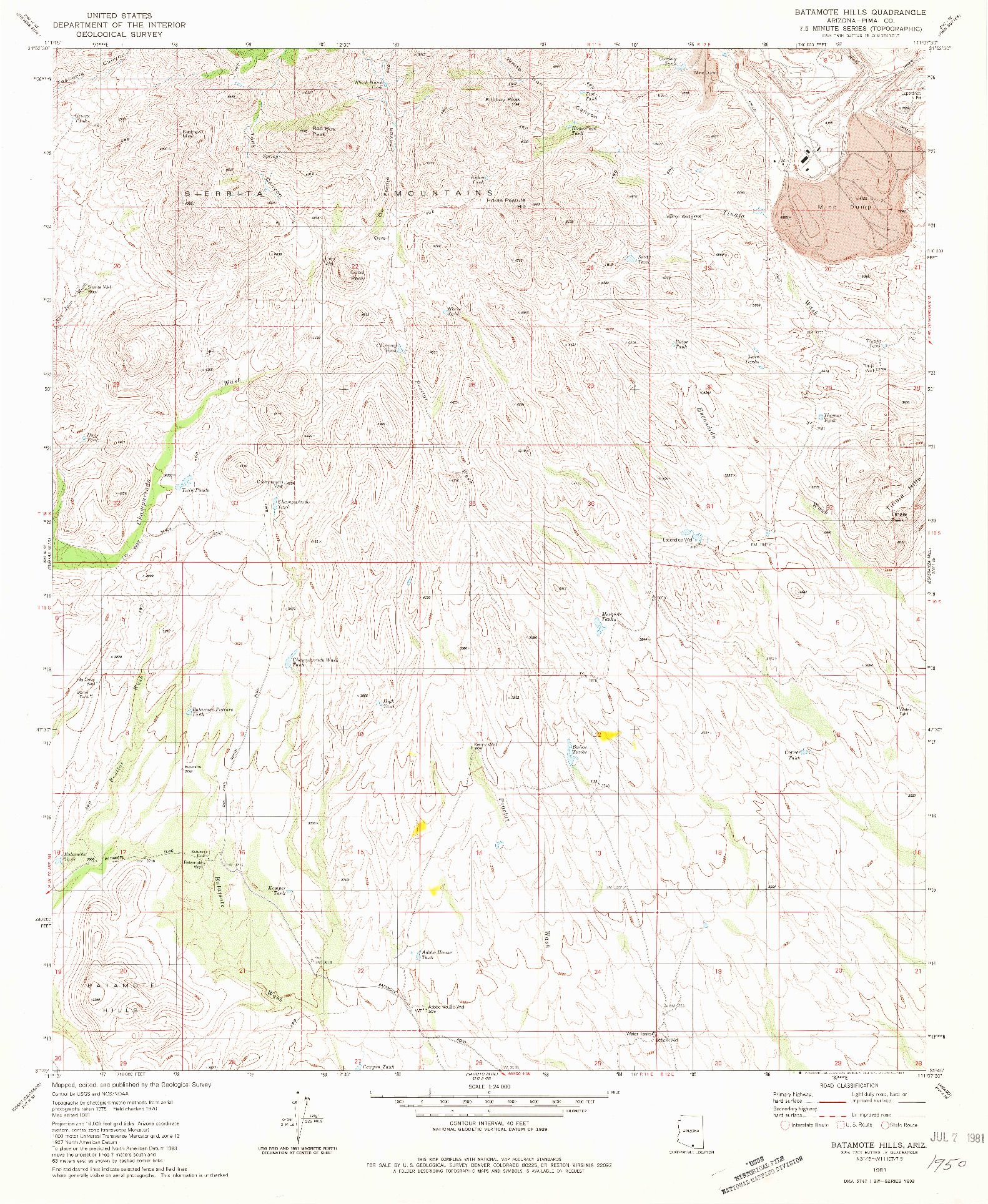 USGS 1:24000-SCALE QUADRANGLE FOR BATAMOTE HILLS, AZ 1981