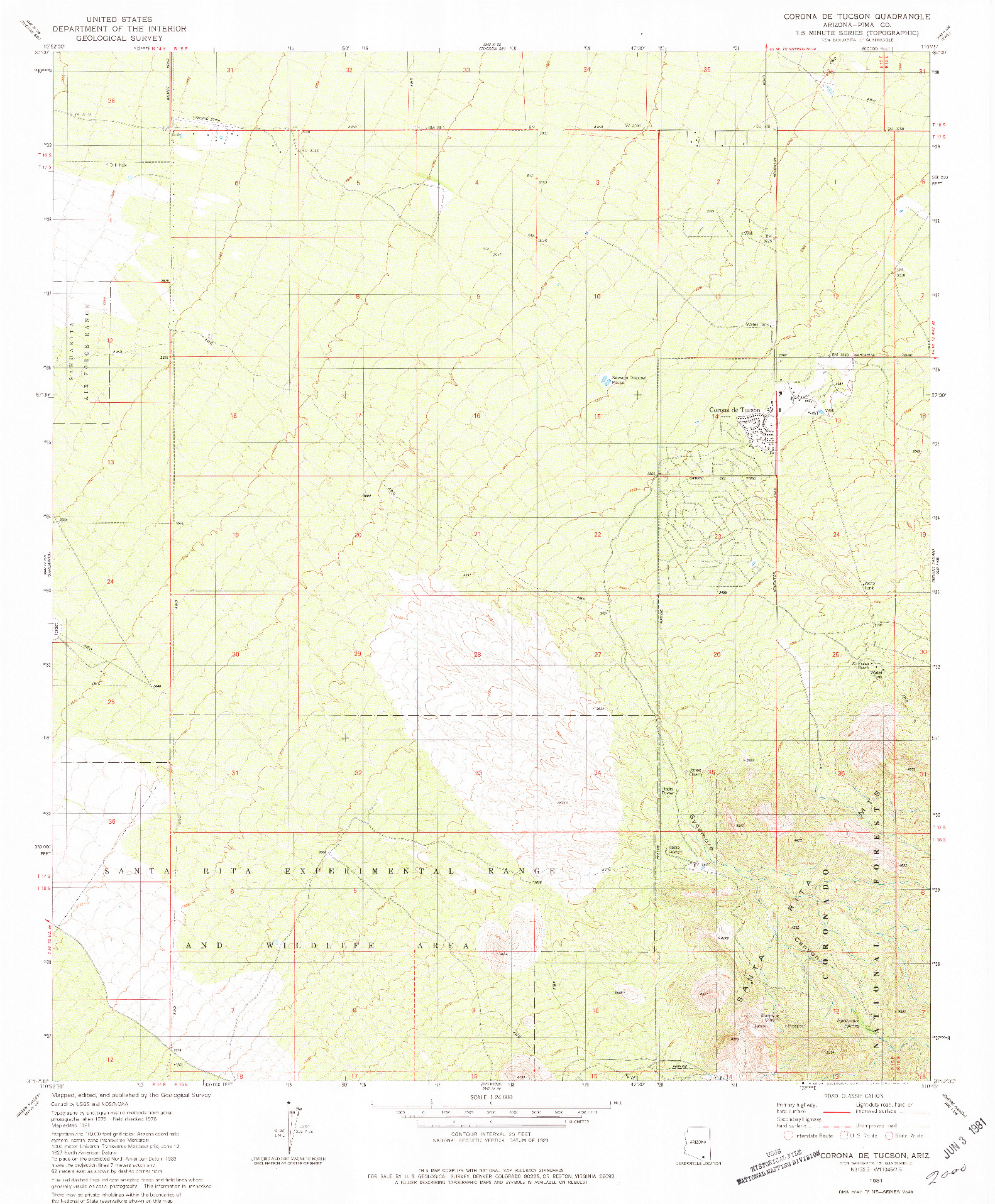 USGS 1:24000-SCALE QUADRANGLE FOR CORONA DE TUCSON, AZ 1981