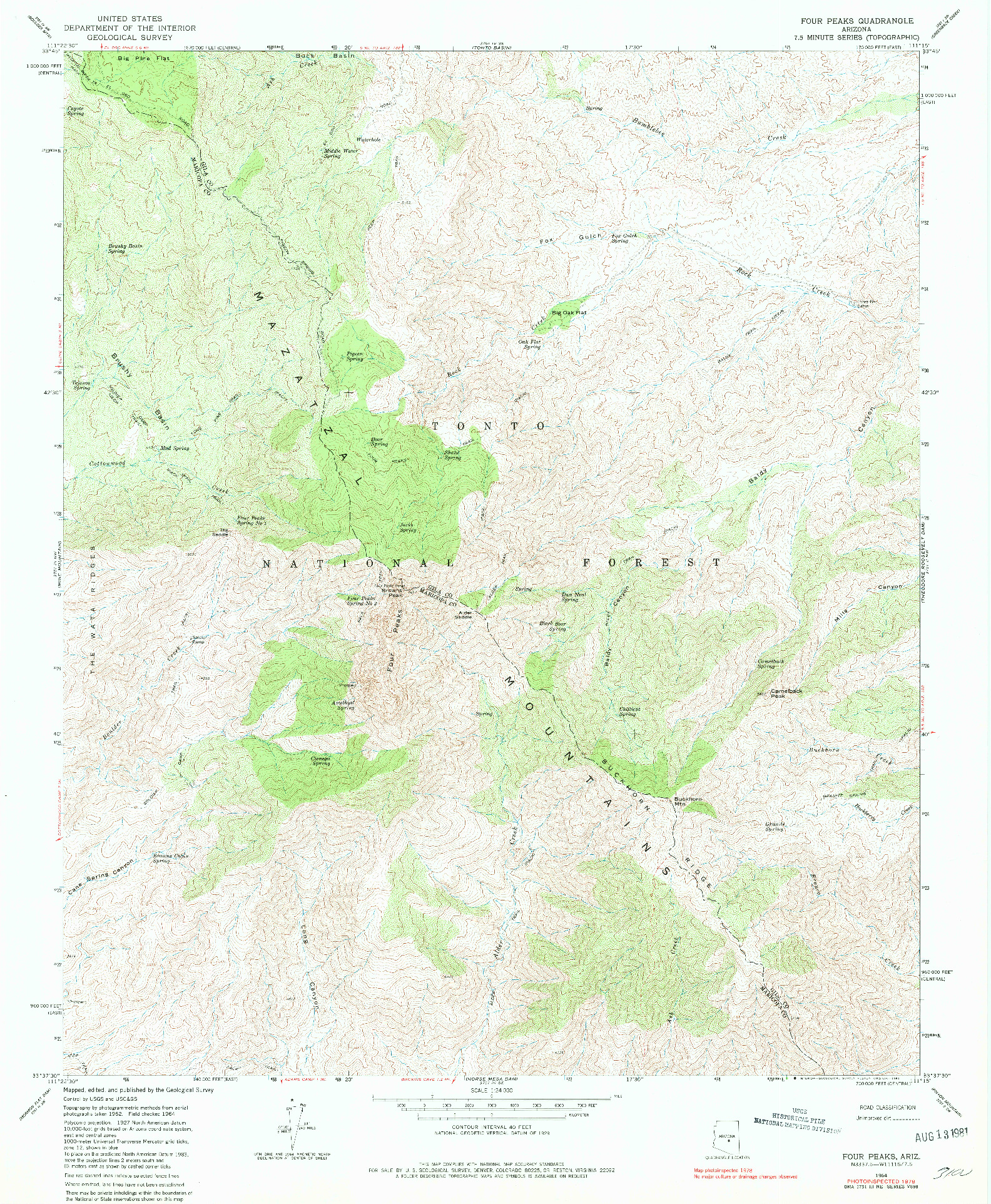 USGS 1:24000-SCALE QUADRANGLE FOR FOUR PEAKS, AZ 1964