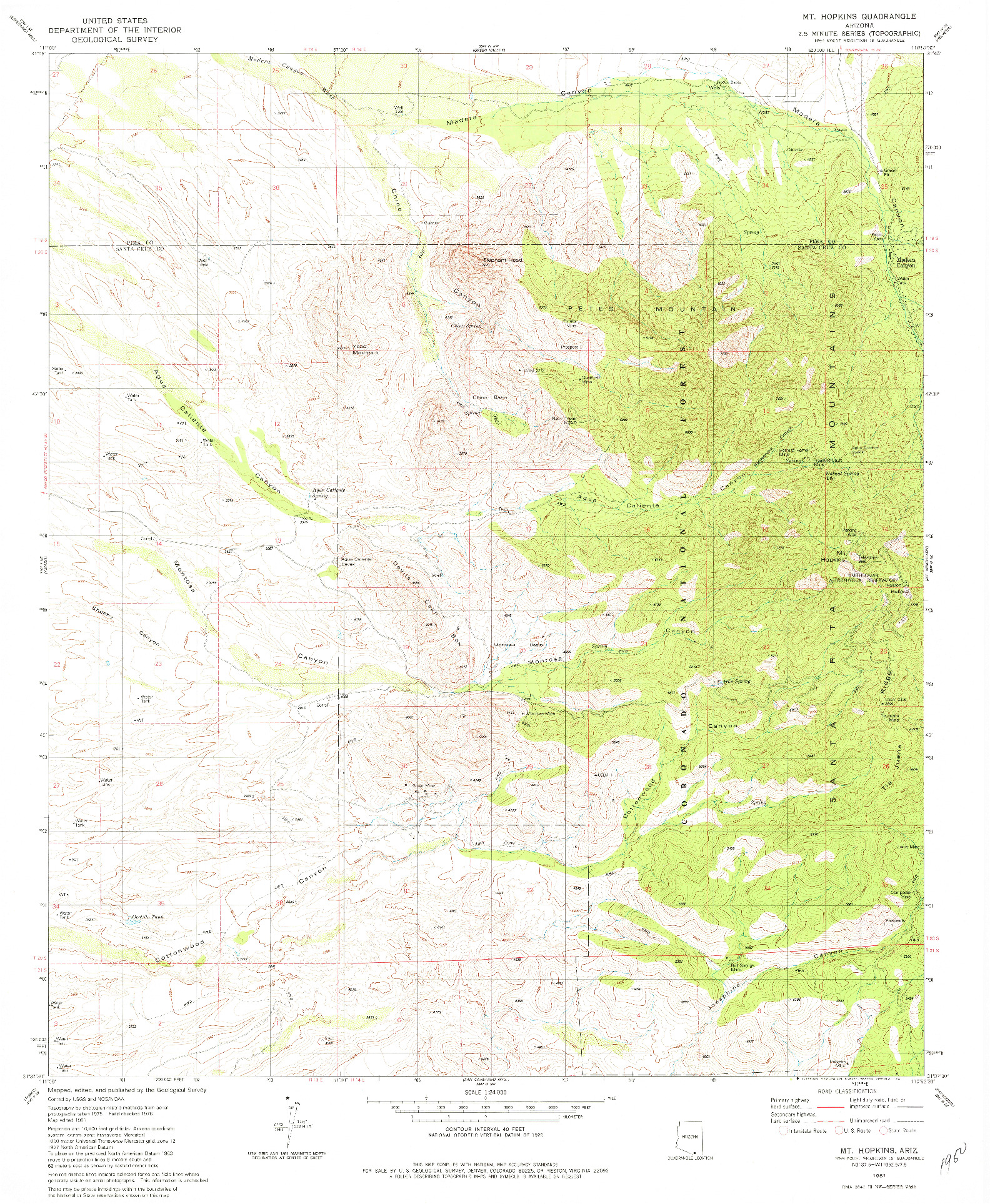USGS 1:24000-SCALE QUADRANGLE FOR MT. HOPKINS, AZ 1981