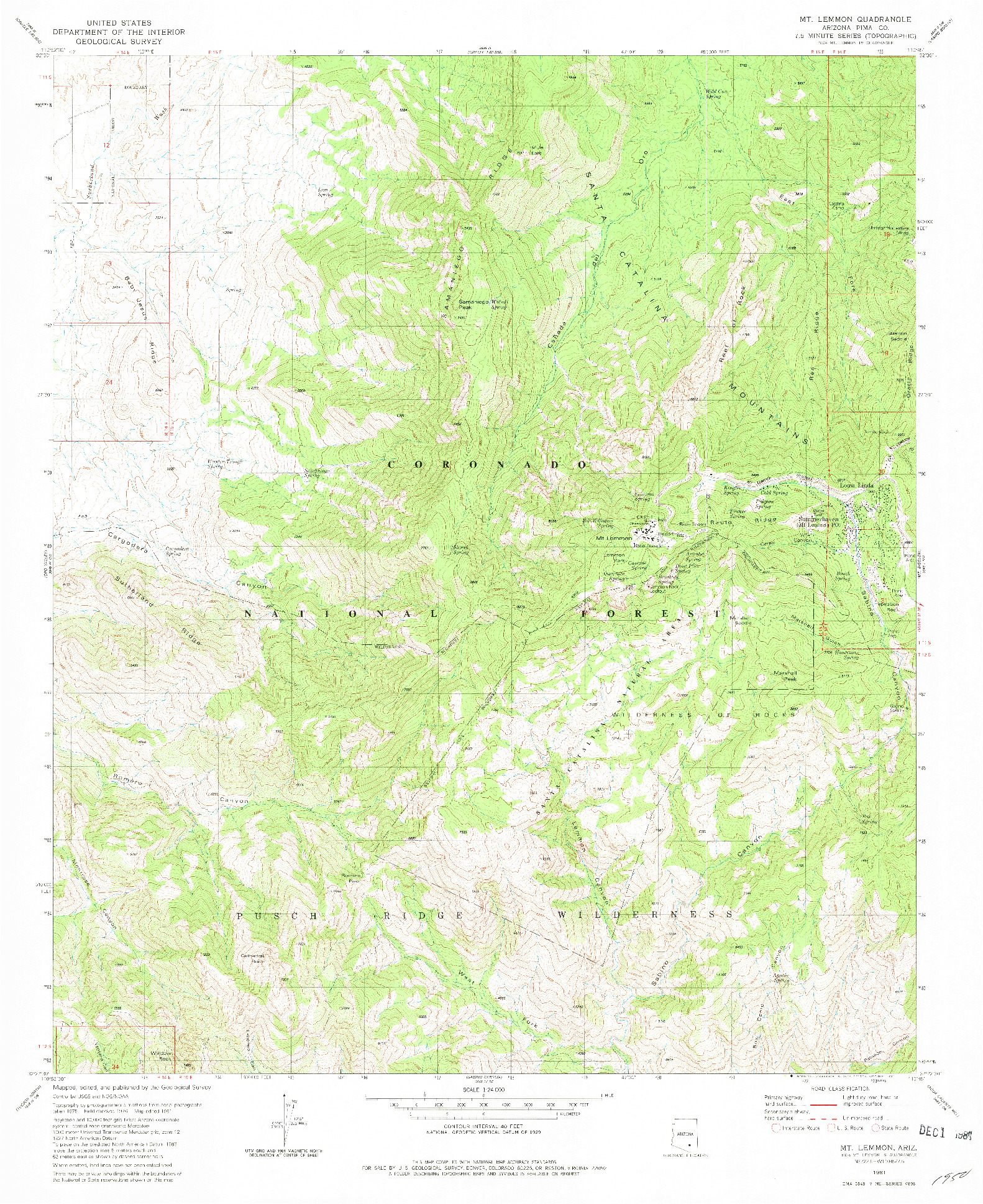 USGS 1:24000-SCALE QUADRANGLE FOR MT. LEMMON, AZ 1981