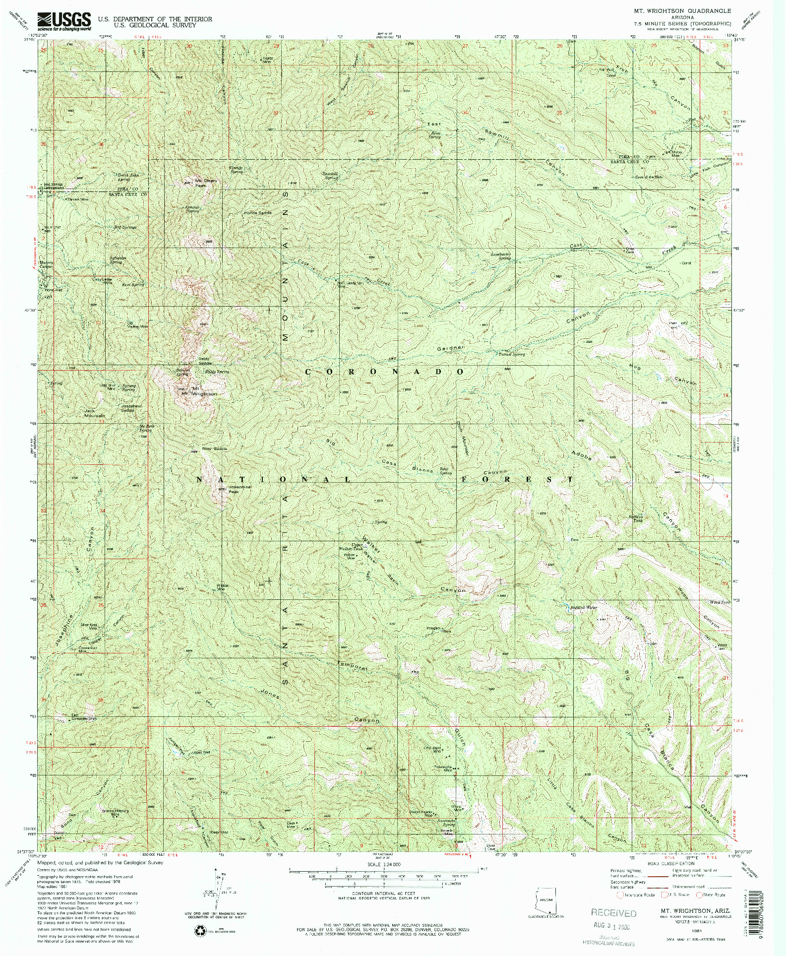 USGS 1:24000-SCALE QUADRANGLE FOR MT. WRIGHTSON, AZ 1981