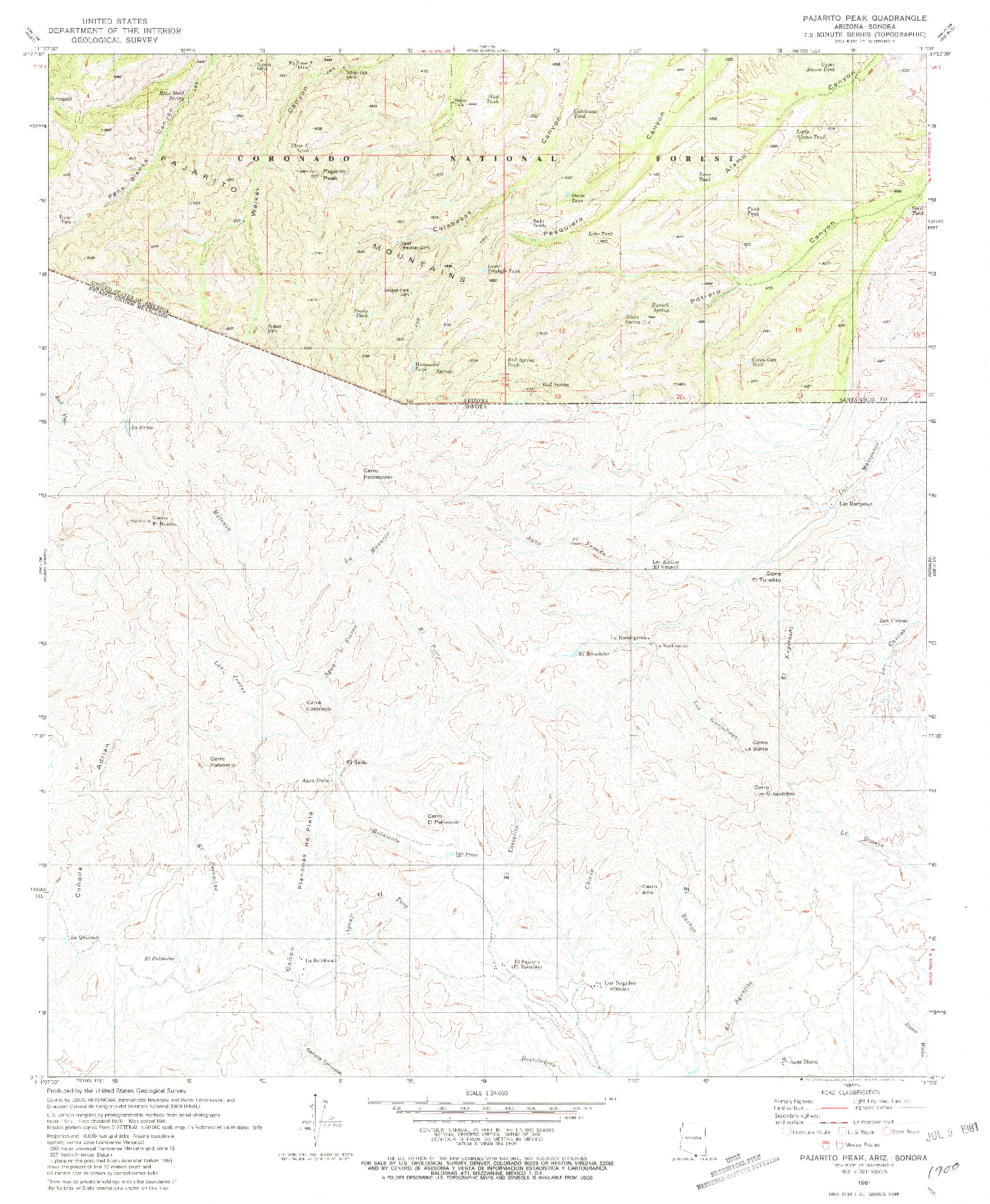 USGS 1:24000-SCALE QUADRANGLE FOR PAJARITO PEAK, AZ 1981