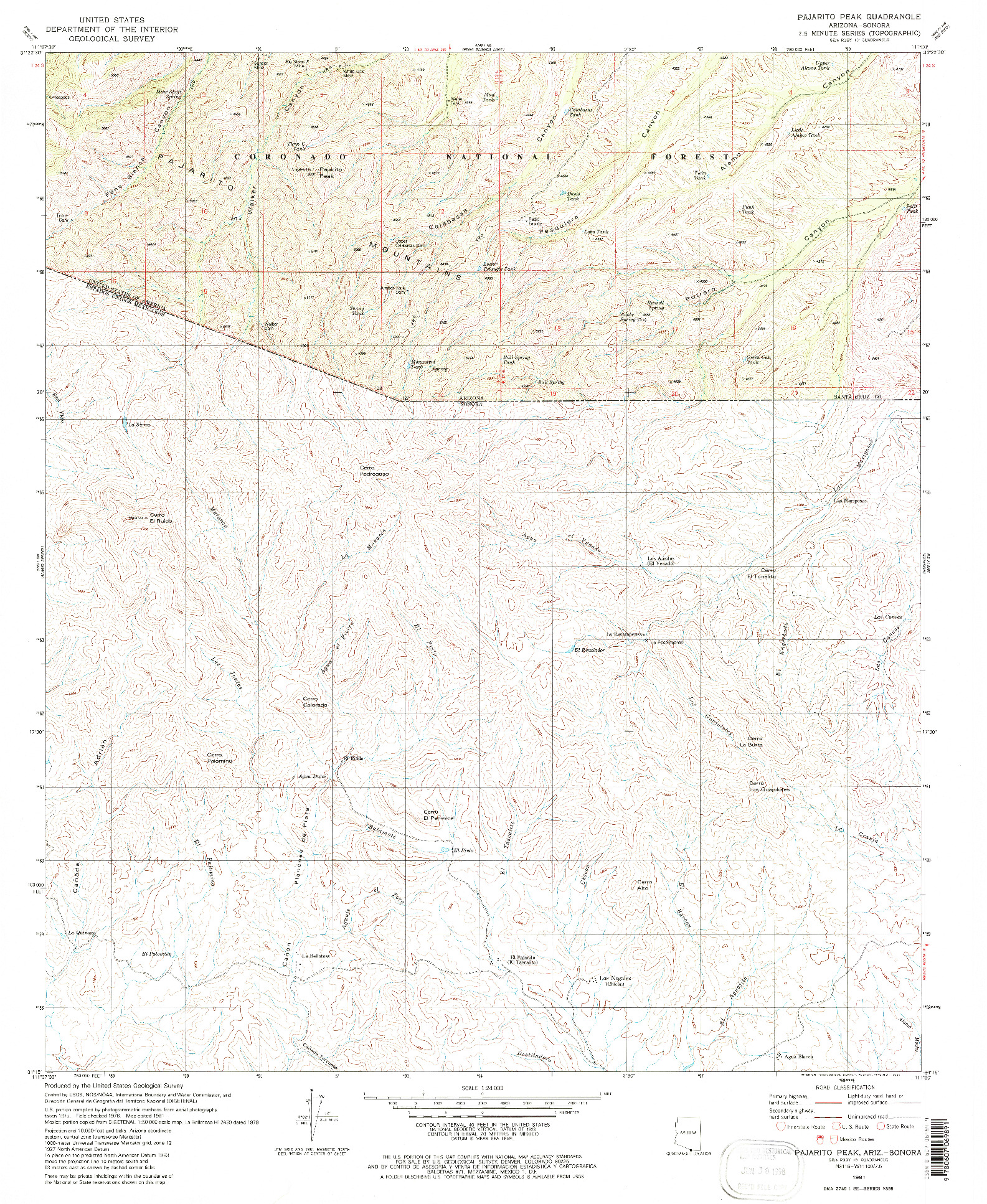 USGS 1:24000-SCALE QUADRANGLE FOR PAJARITO PEAK, AZ 1981
