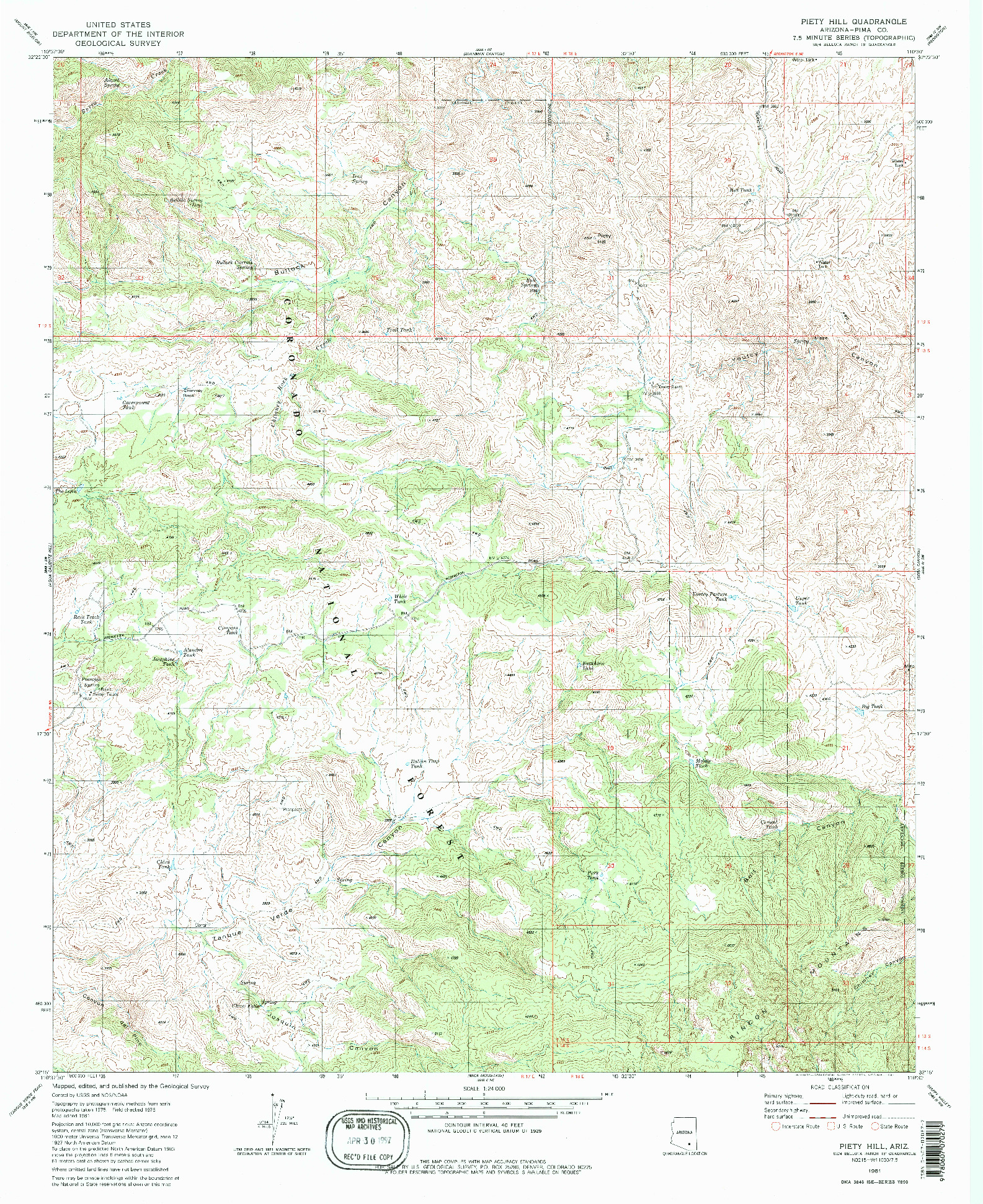 USGS 1:24000-SCALE QUADRANGLE FOR PIETY HILL, AZ 1981