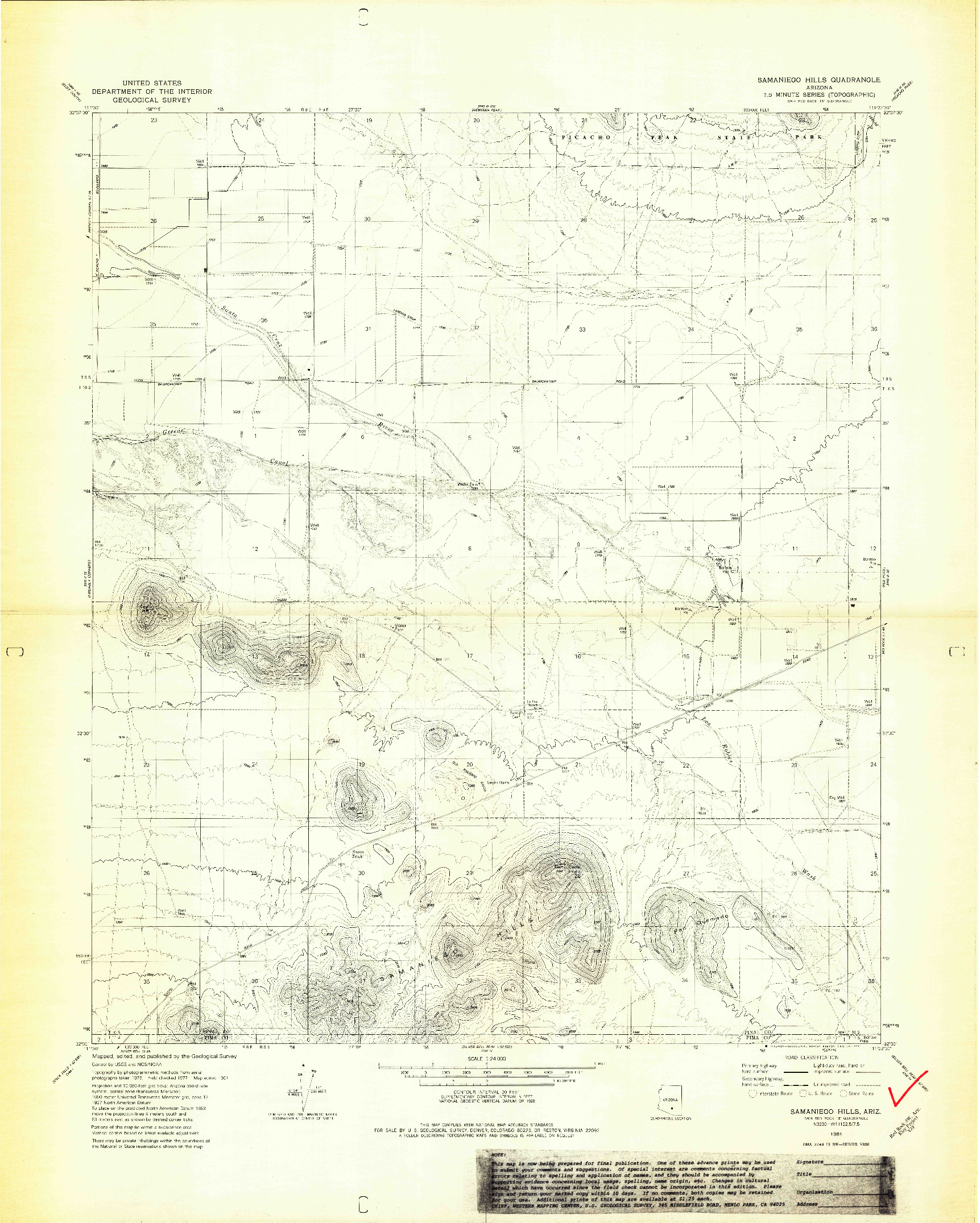 USGS 1:24000-SCALE QUADRANGLE FOR SAMANIEGO HILLS, AZ 1981