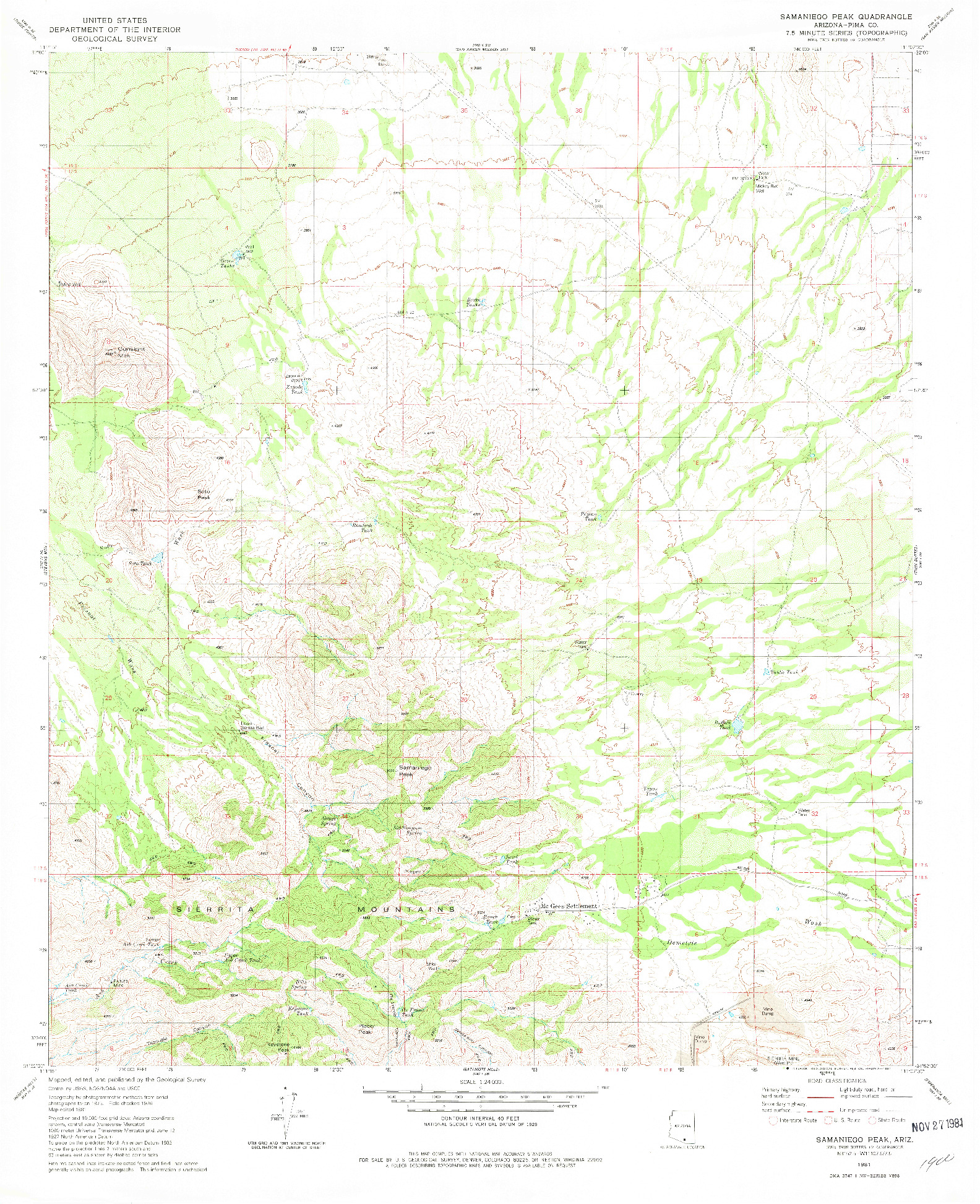 USGS 1:24000-SCALE QUADRANGLE FOR SAMANIEGO PEAK, AZ 1981