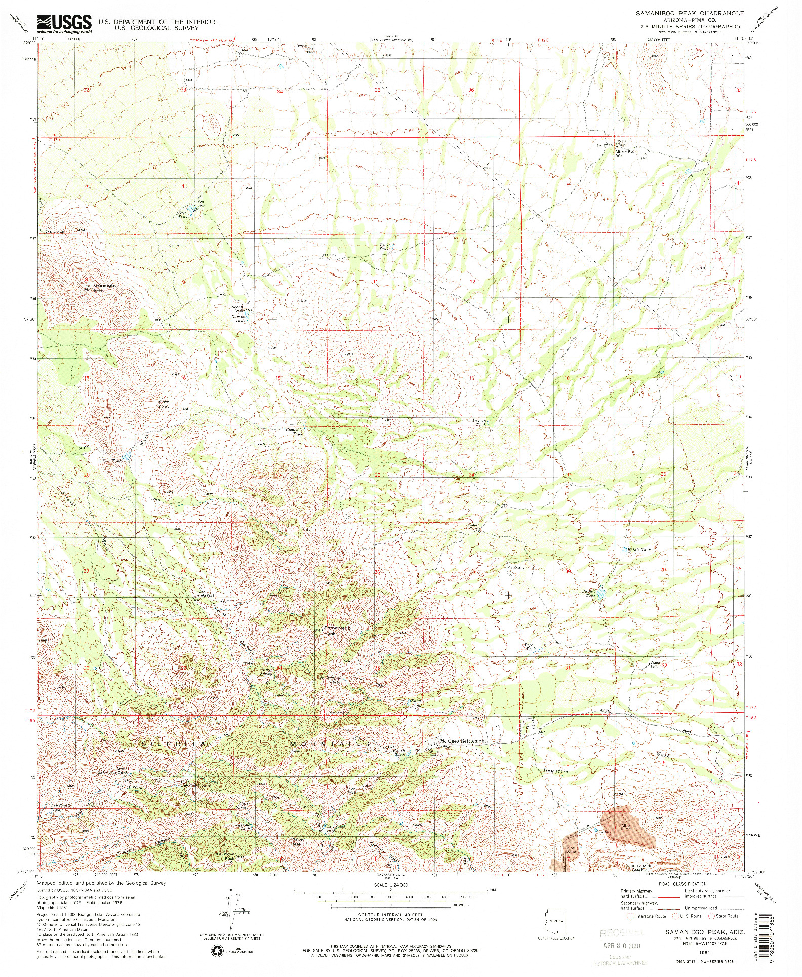 USGS 1:24000-SCALE QUADRANGLE FOR SAMANIEGO PEAK, AZ 1981
