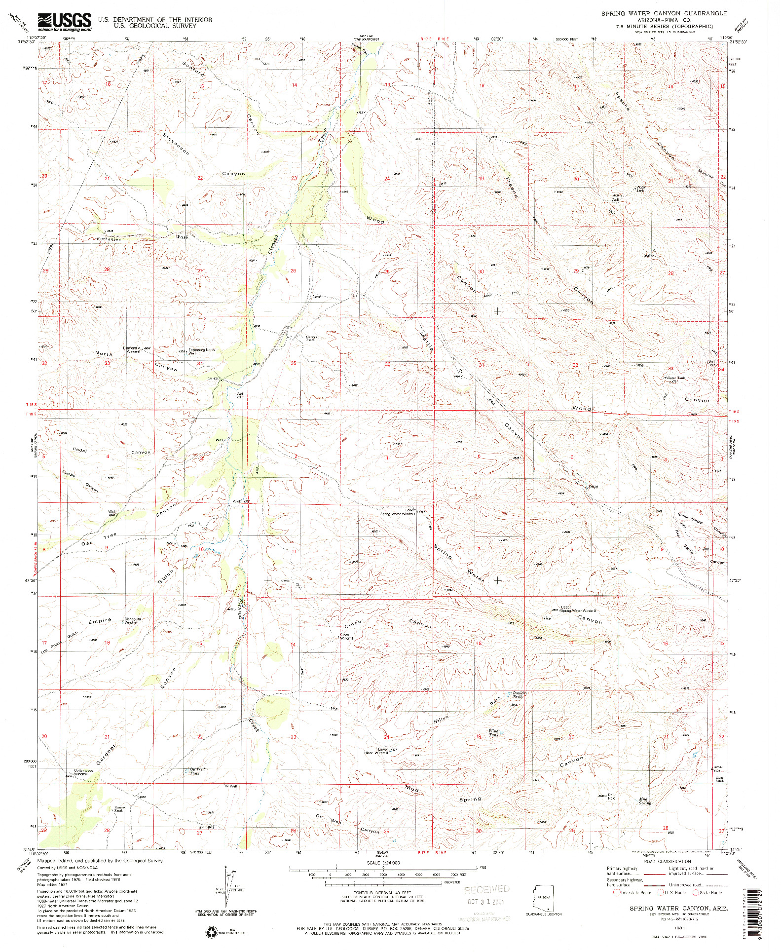 USGS 1:24000-SCALE QUADRANGLE FOR SPRING WATER CANYON, AZ 1981
