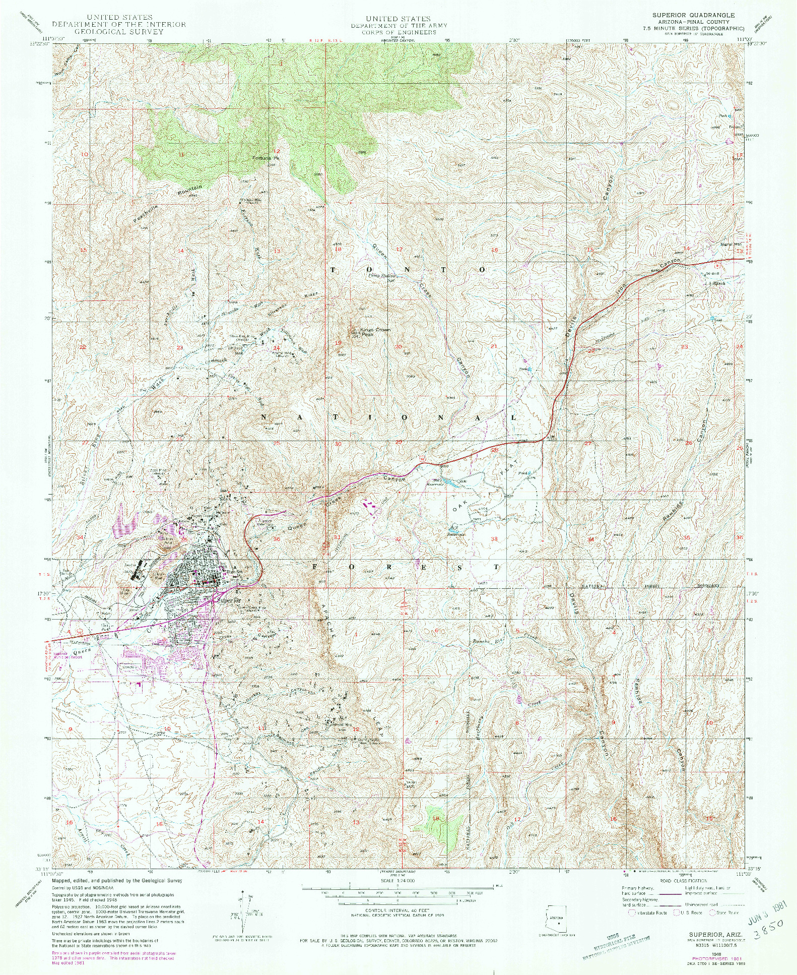 USGS 1:24000-SCALE QUADRANGLE FOR SUPERIOR, AZ 1948