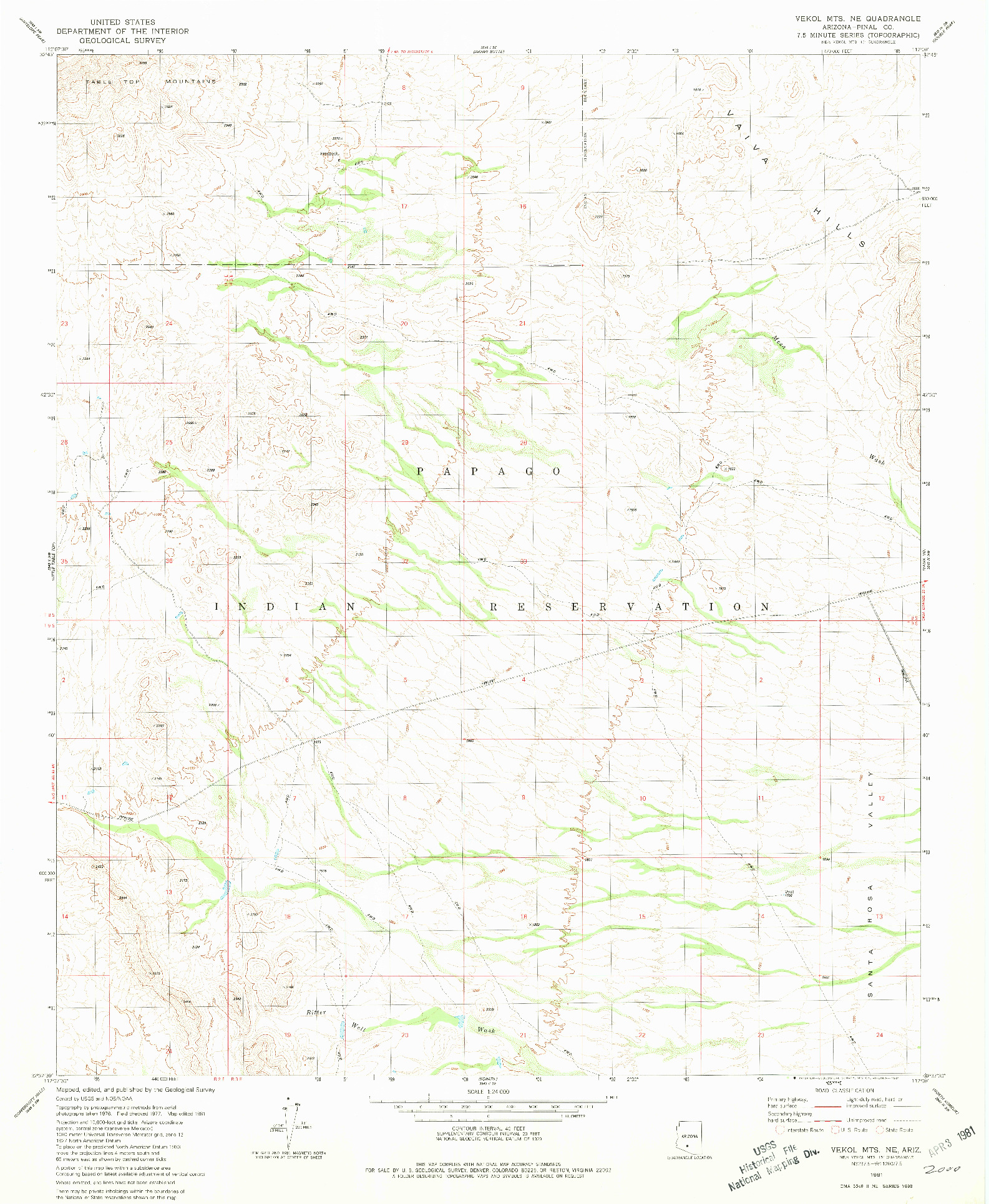 USGS 1:24000-SCALE QUADRANGLE FOR VEKOL MTS. NE, AZ 1981