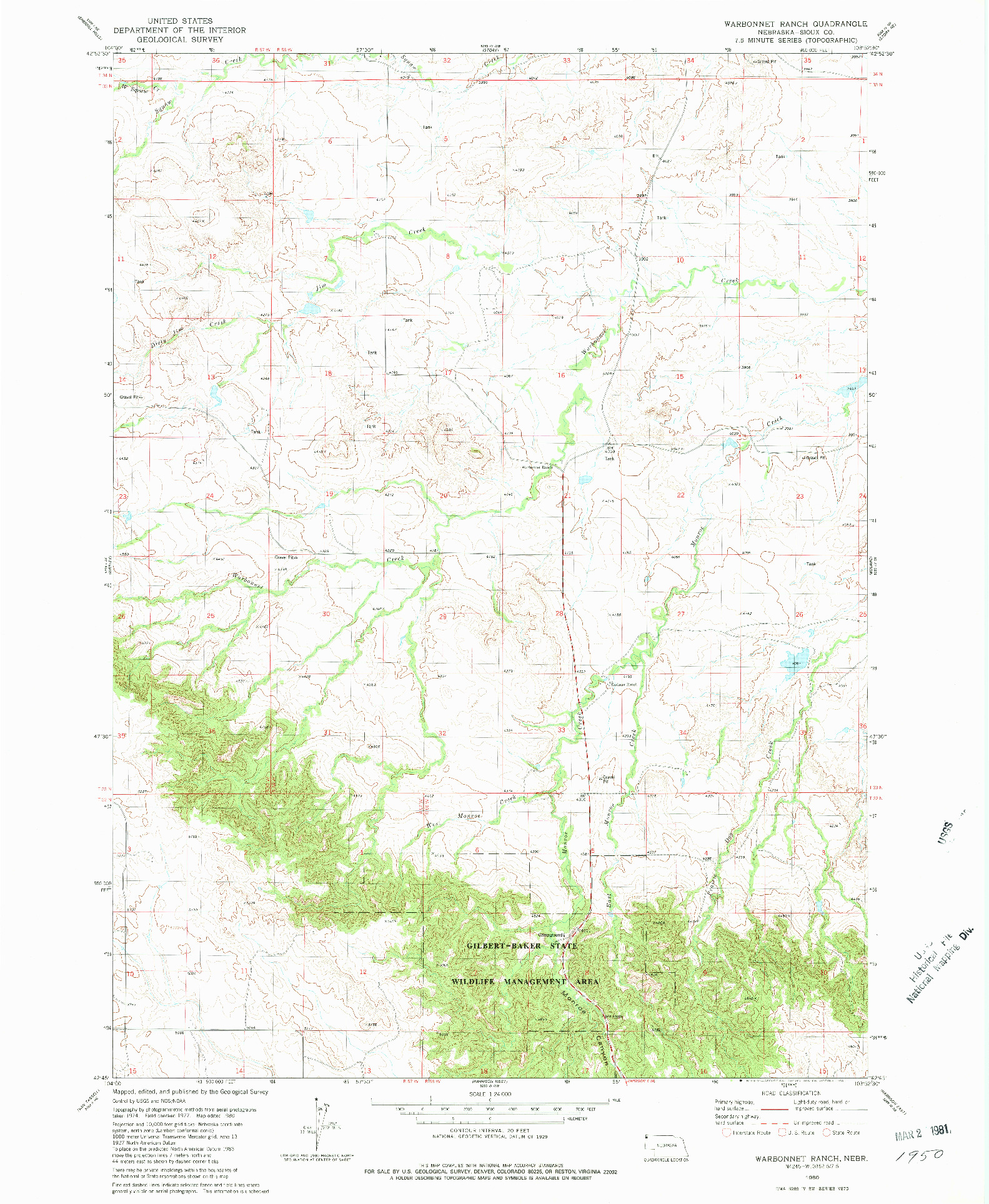 USGS 1:24000-SCALE QUADRANGLE FOR WARBONNET RANCH, NE 1980