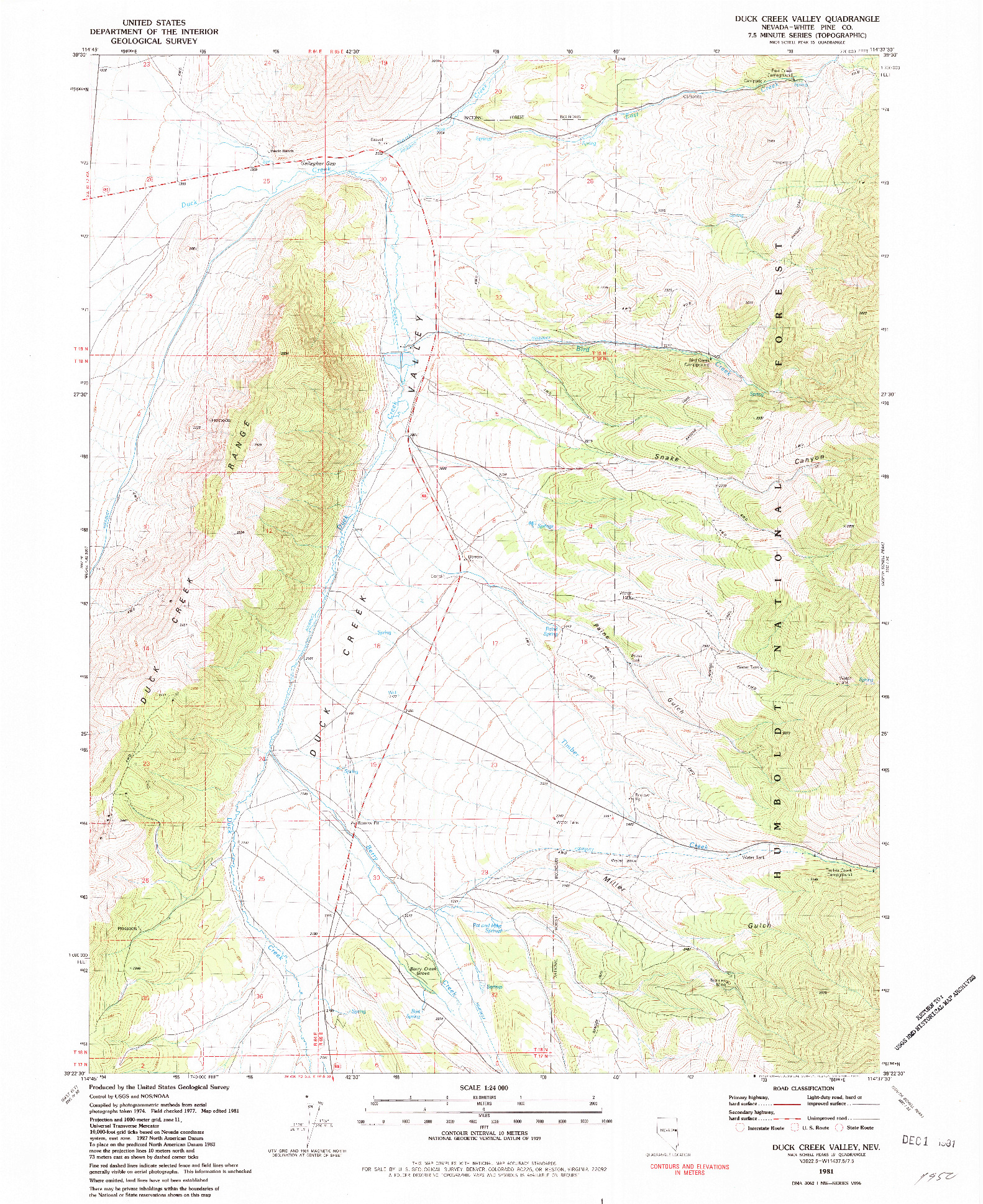 USGS 1:24000-SCALE QUADRANGLE FOR DUCK CREEK VALLEY, NV 1981