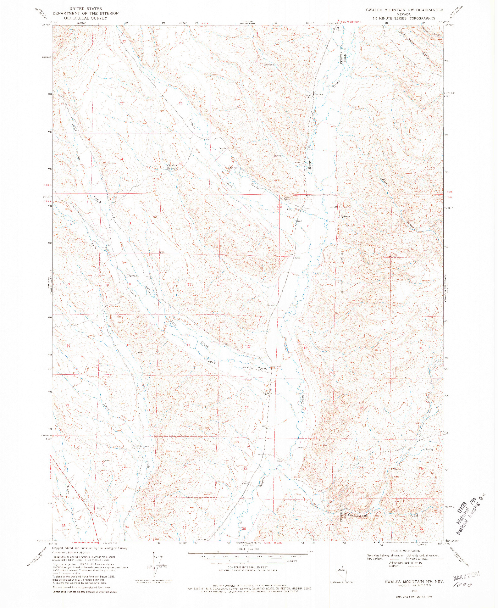 USGS 1:24000-SCALE QUADRANGLE FOR SWALES MOUNTAIN NW, NV 1968