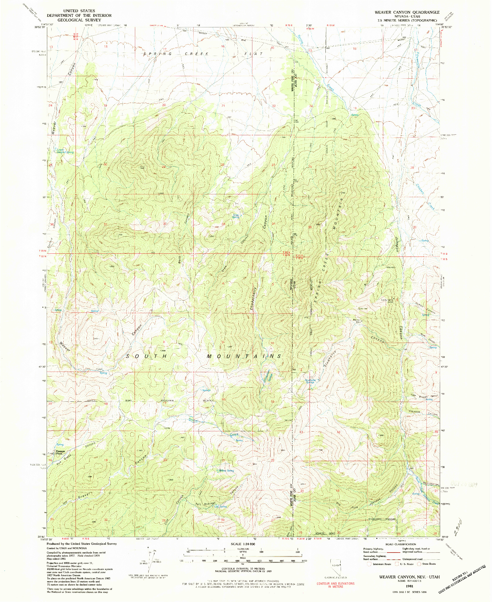 USGS 1:24000-SCALE QUADRANGLE FOR WEAVER CANYON, NV 1981
