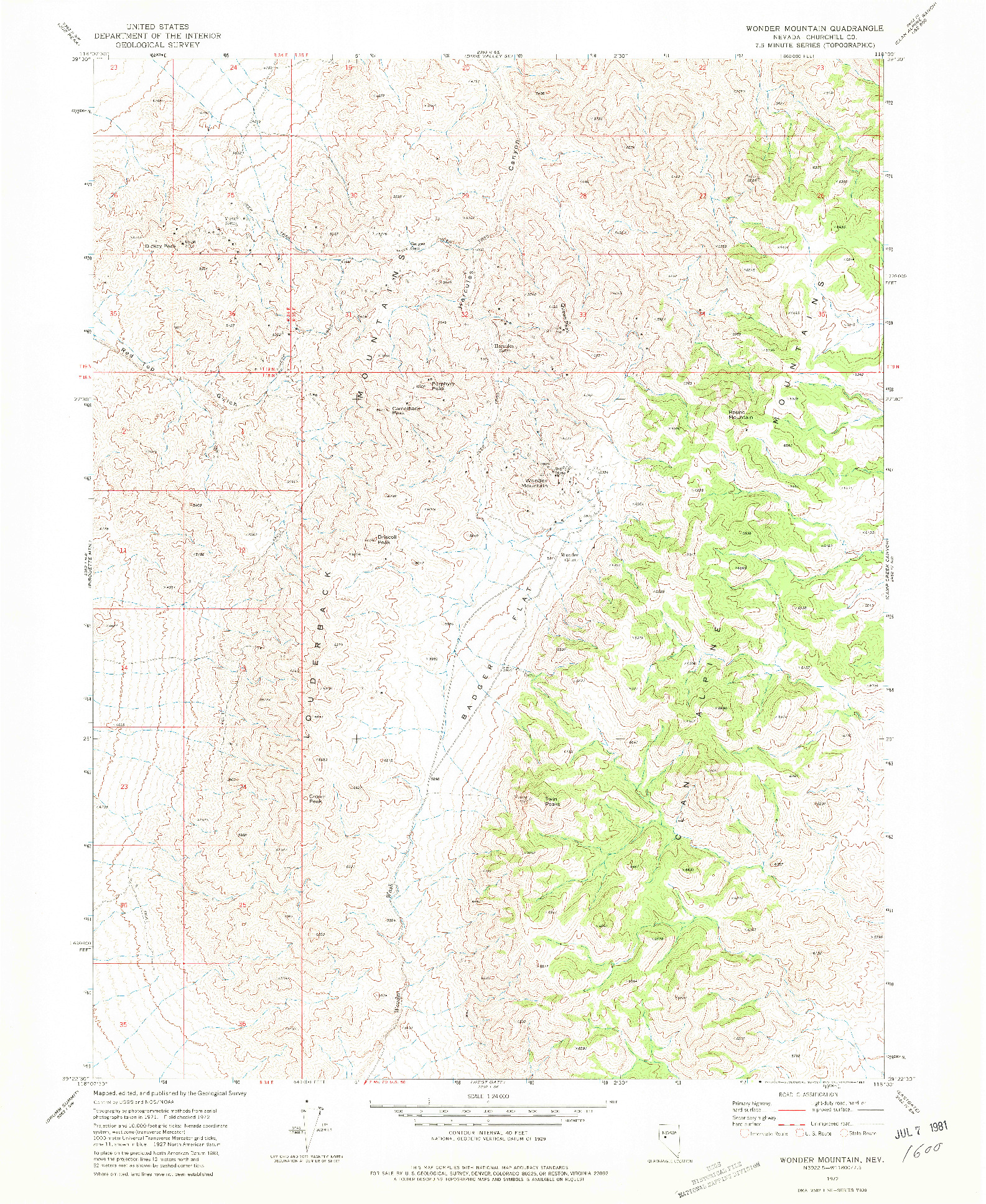 USGS 1:24000-SCALE QUADRANGLE FOR WONDER MOUNTAIN, NV 1972