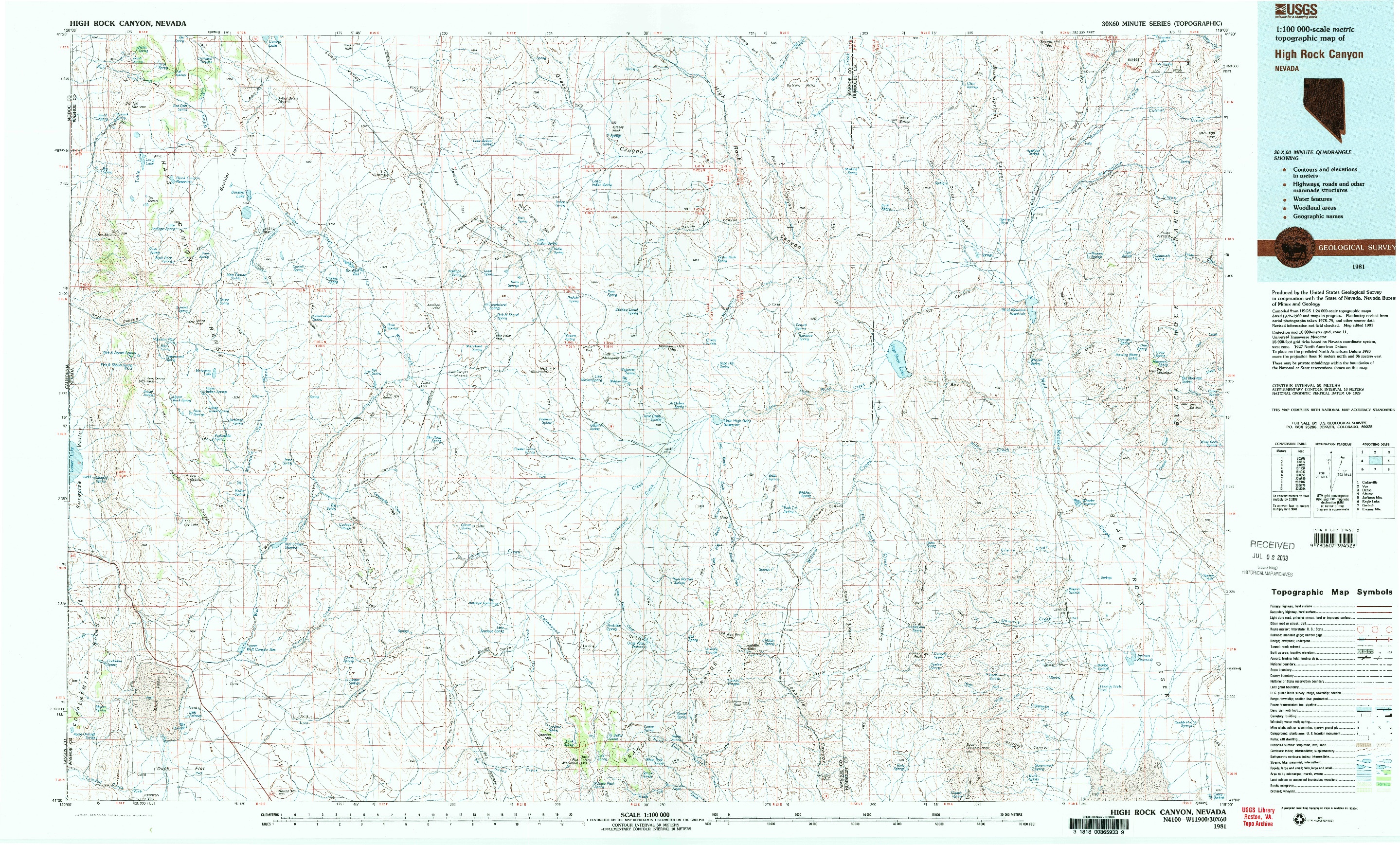 USGS 1:100000-SCALE QUADRANGLE FOR HIGH ROCK CANYON, NV 1981