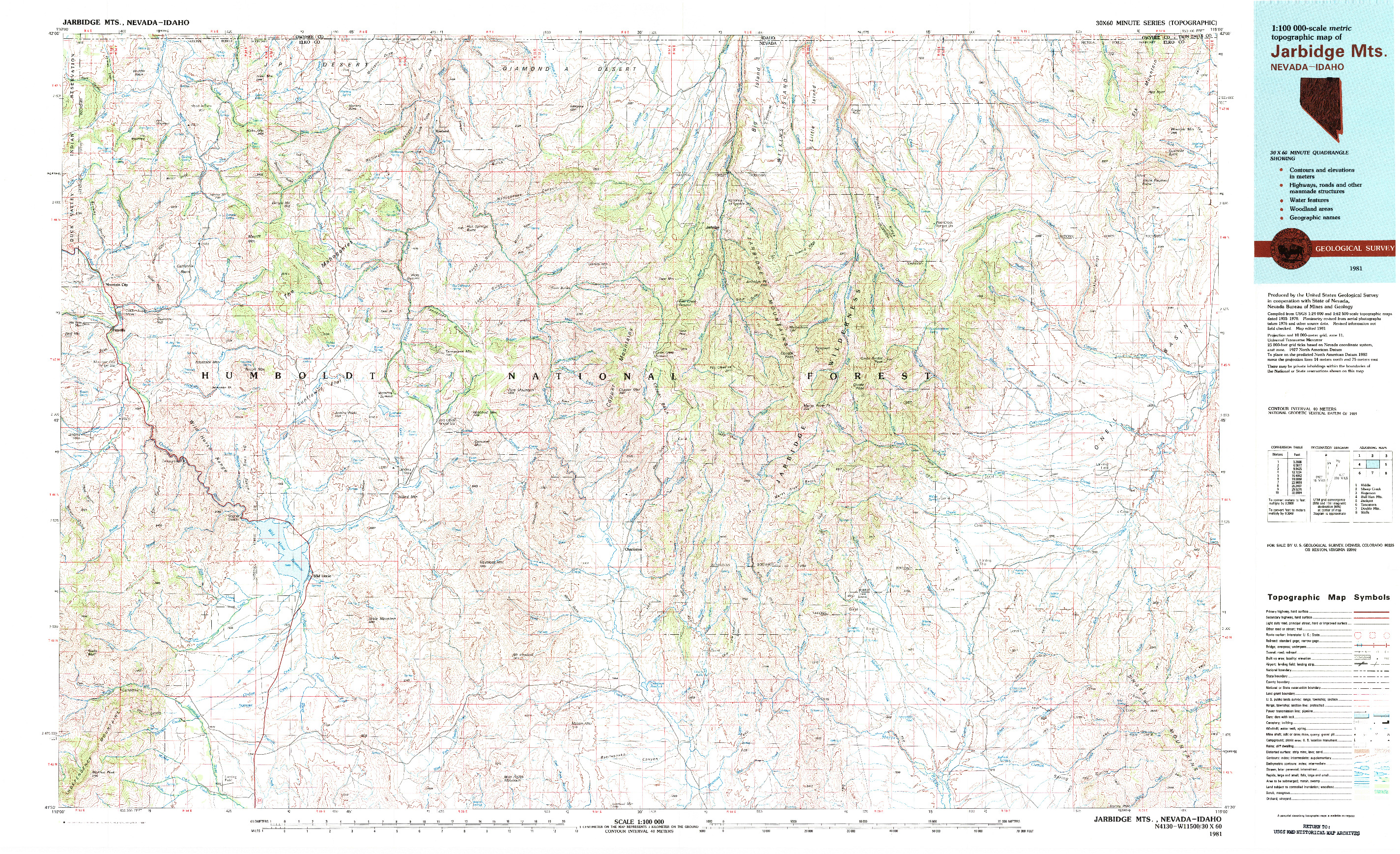 USGS 1:100000-SCALE QUADRANGLE FOR JARBIDGE MTS, NV 1981