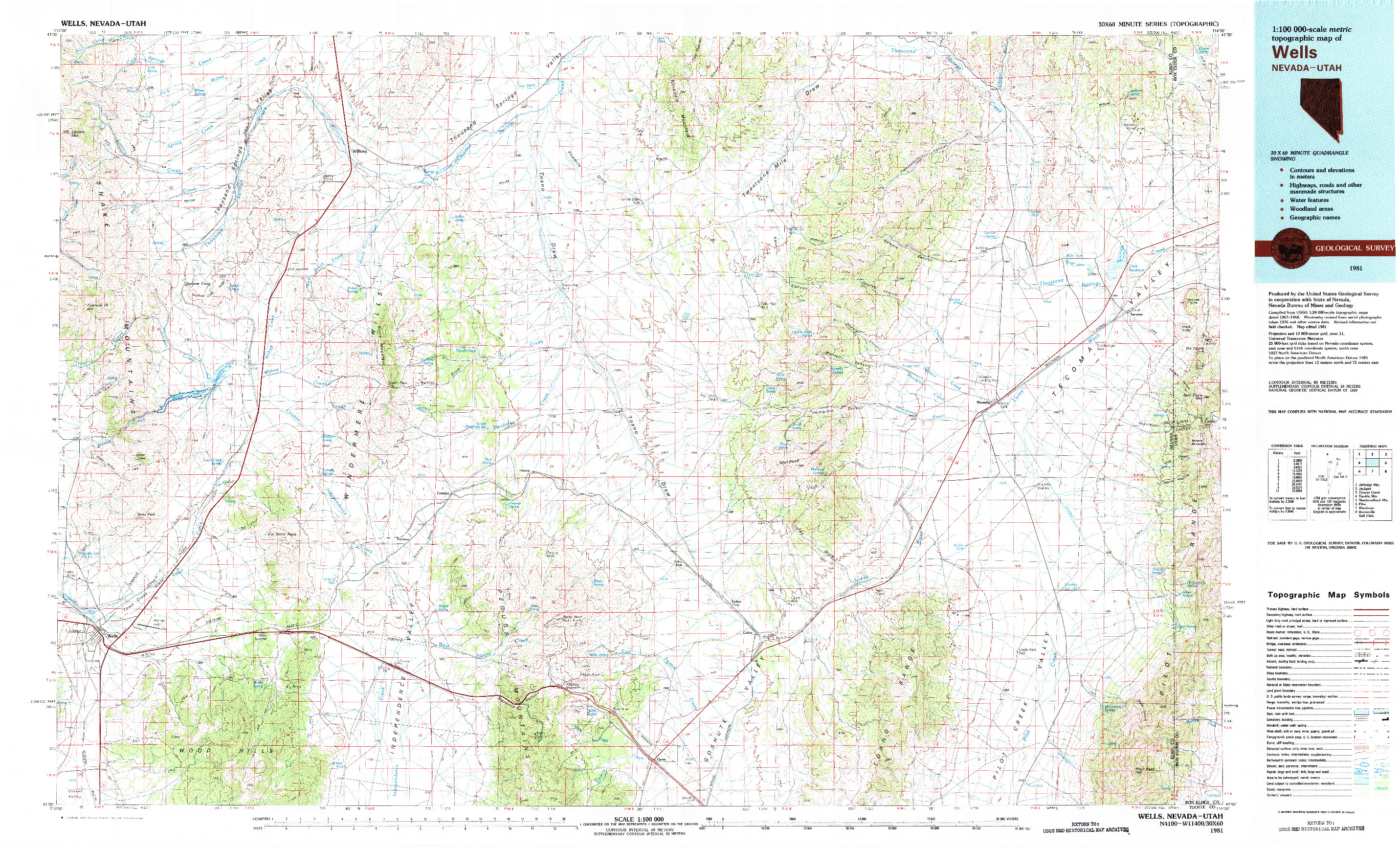 USGS 1:100000-SCALE QUADRANGLE FOR WELLS, NV 1981