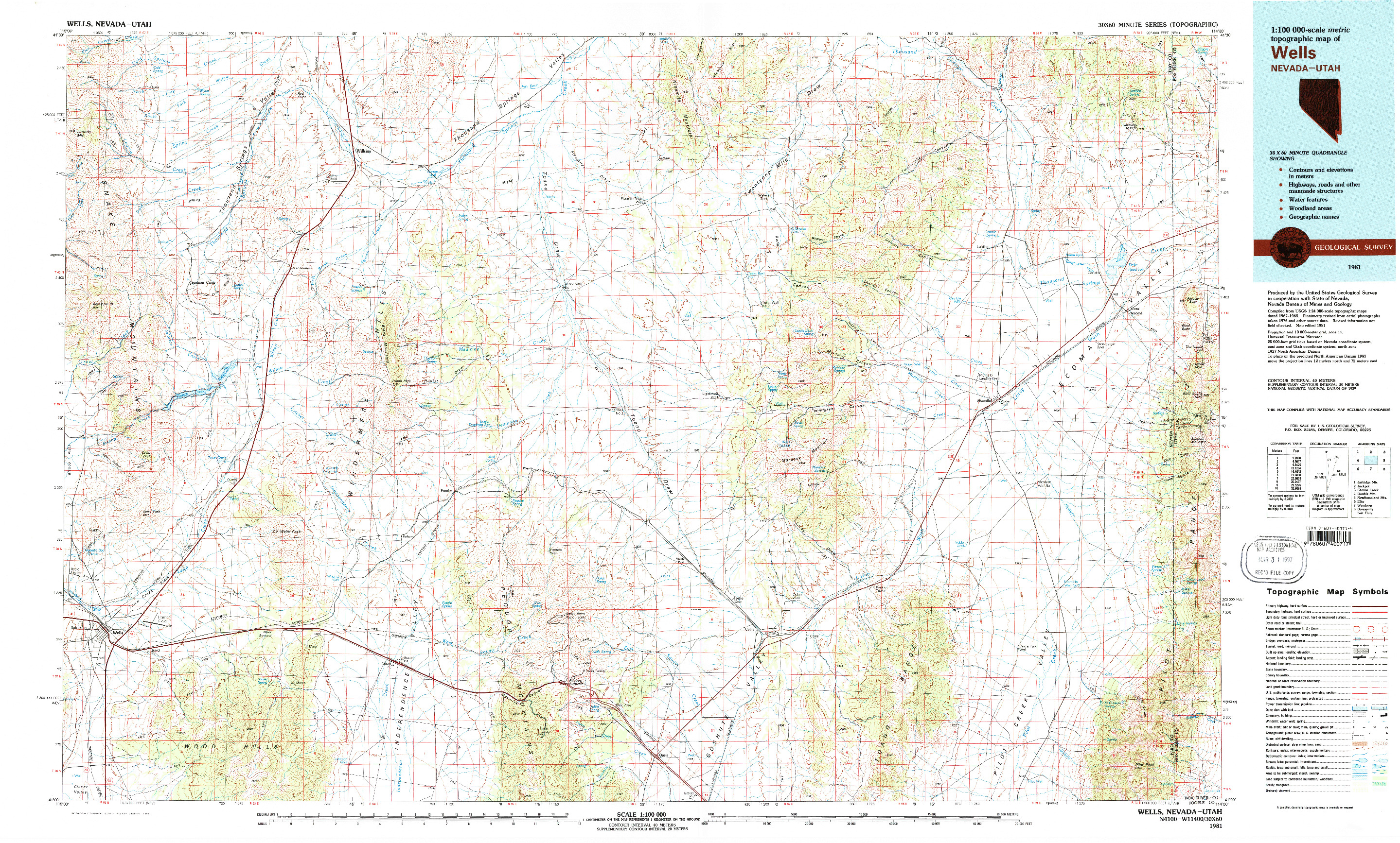 USGS 1:100000-SCALE QUADRANGLE FOR WELLS, NV 1981