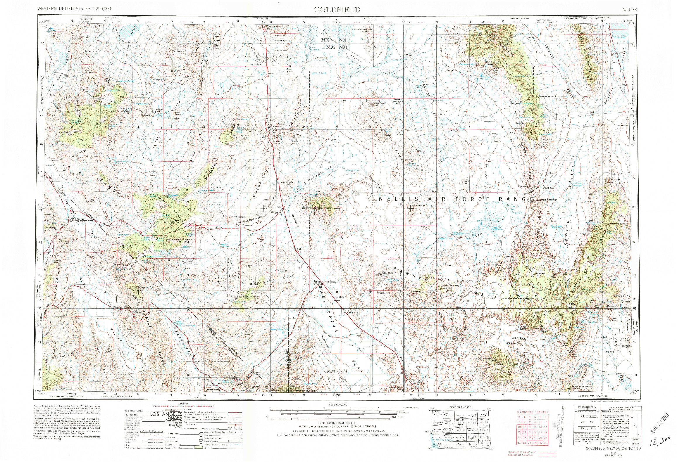 USGS 1:250000-SCALE QUADRANGLE FOR GOLDFIELD, NV 1954
