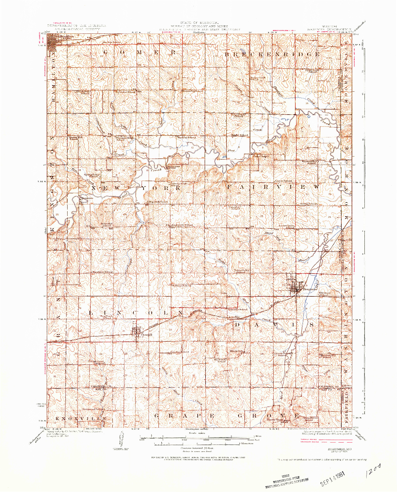 USGS 1:62500-SCALE QUADRANGLE FOR BRAYMER, MO 1924