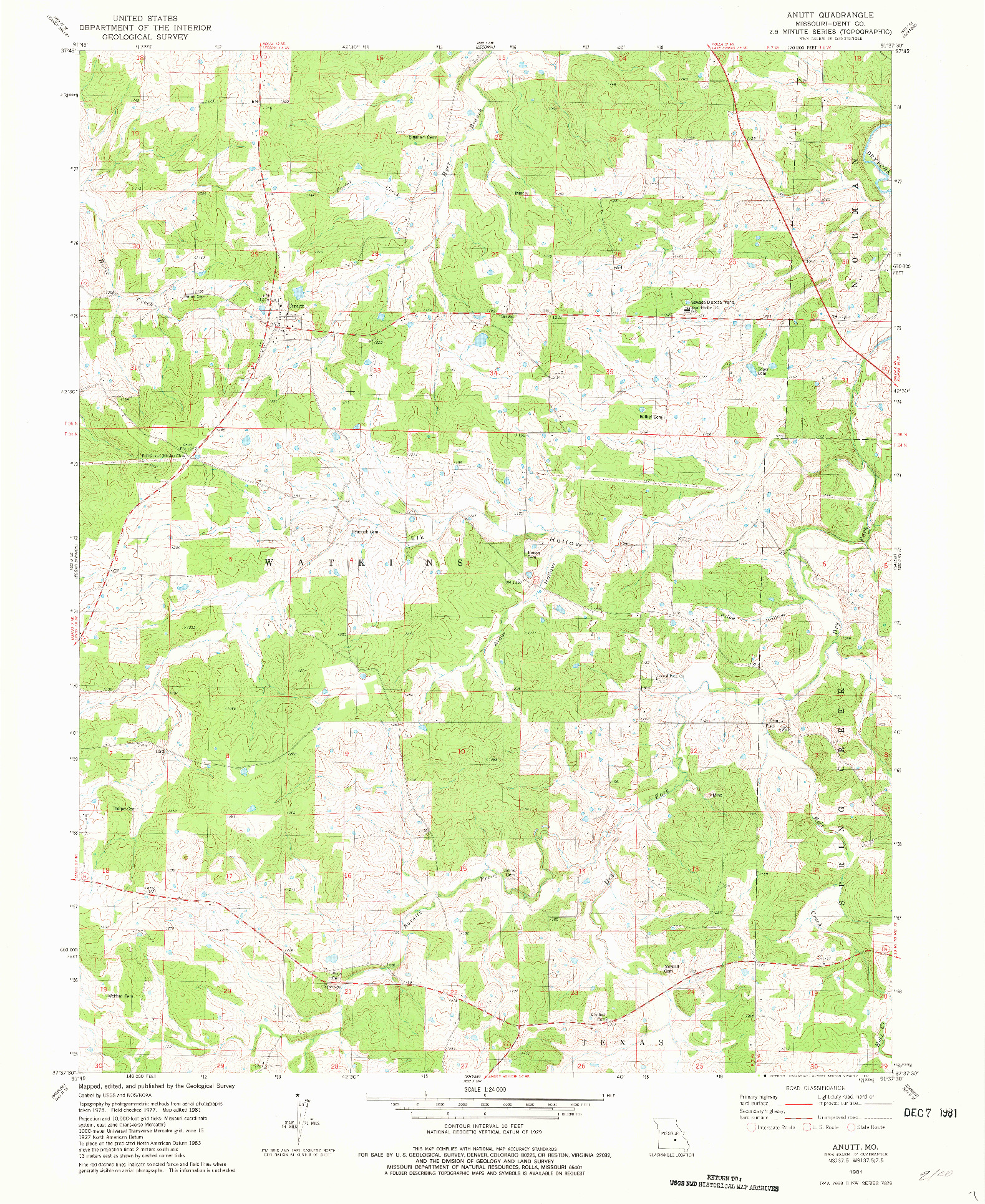 USGS 1:24000-SCALE QUADRANGLE FOR ANUTT, MO 1981