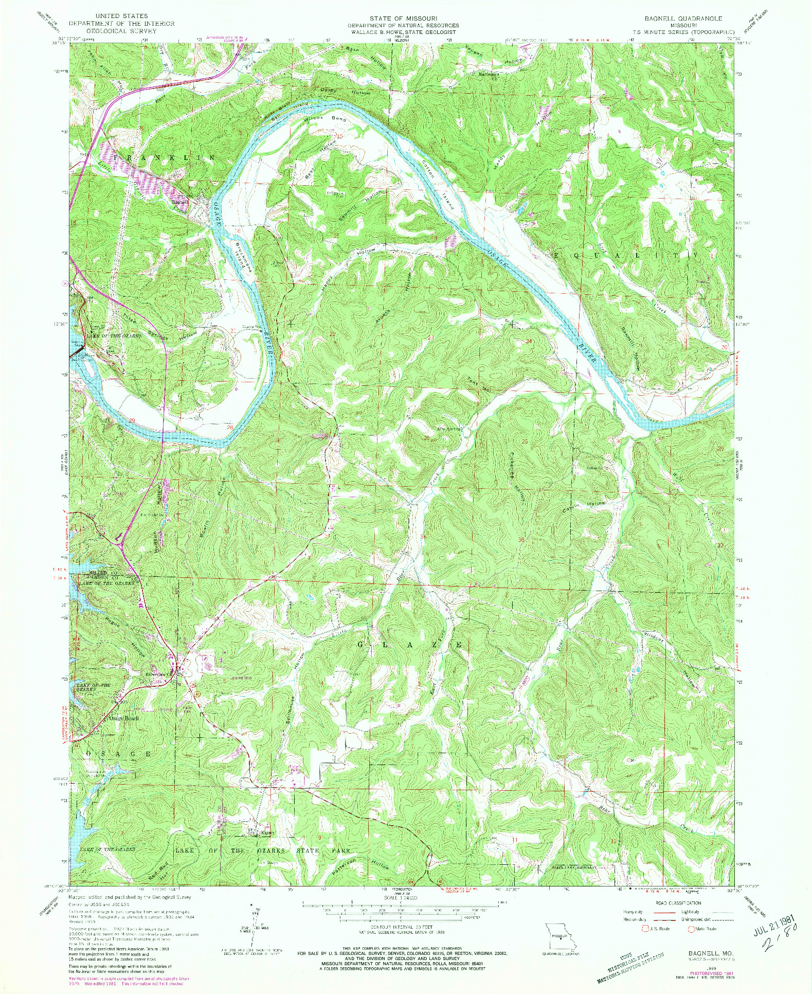 USGS 1:24000-SCALE QUADRANGLE FOR BAGNELL, MO 1959