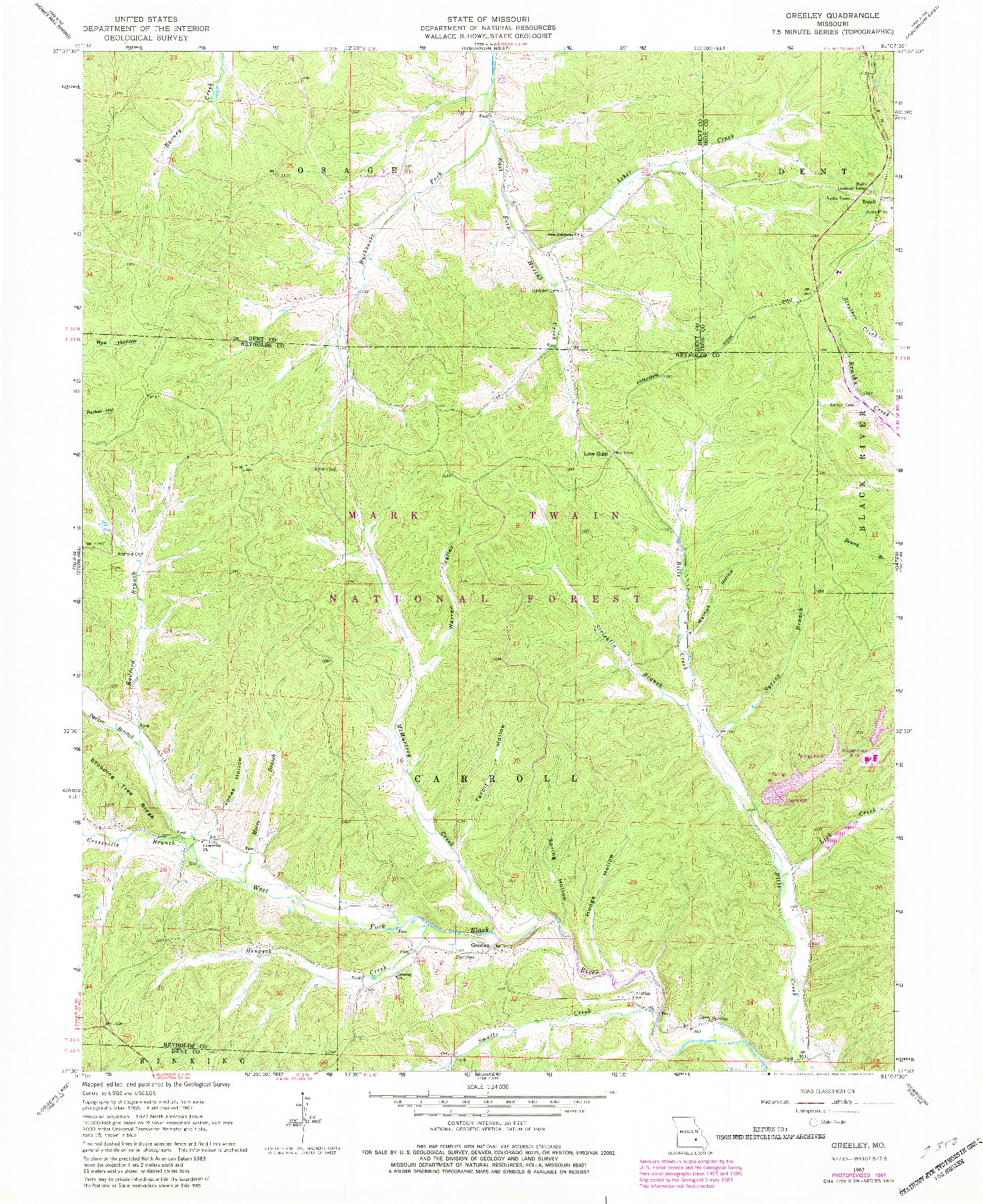 USGS 1:24000-SCALE QUADRANGLE FOR GREELEY, MO 1967