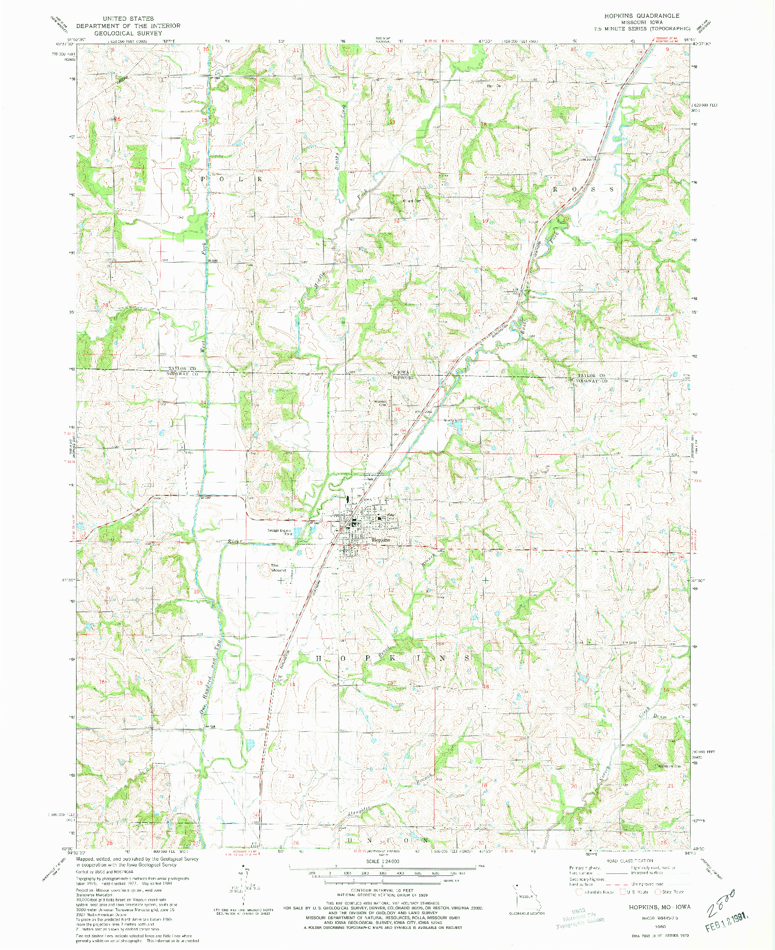 USGS 1:24000-SCALE QUADRANGLE FOR HOPKINS, MO 1980