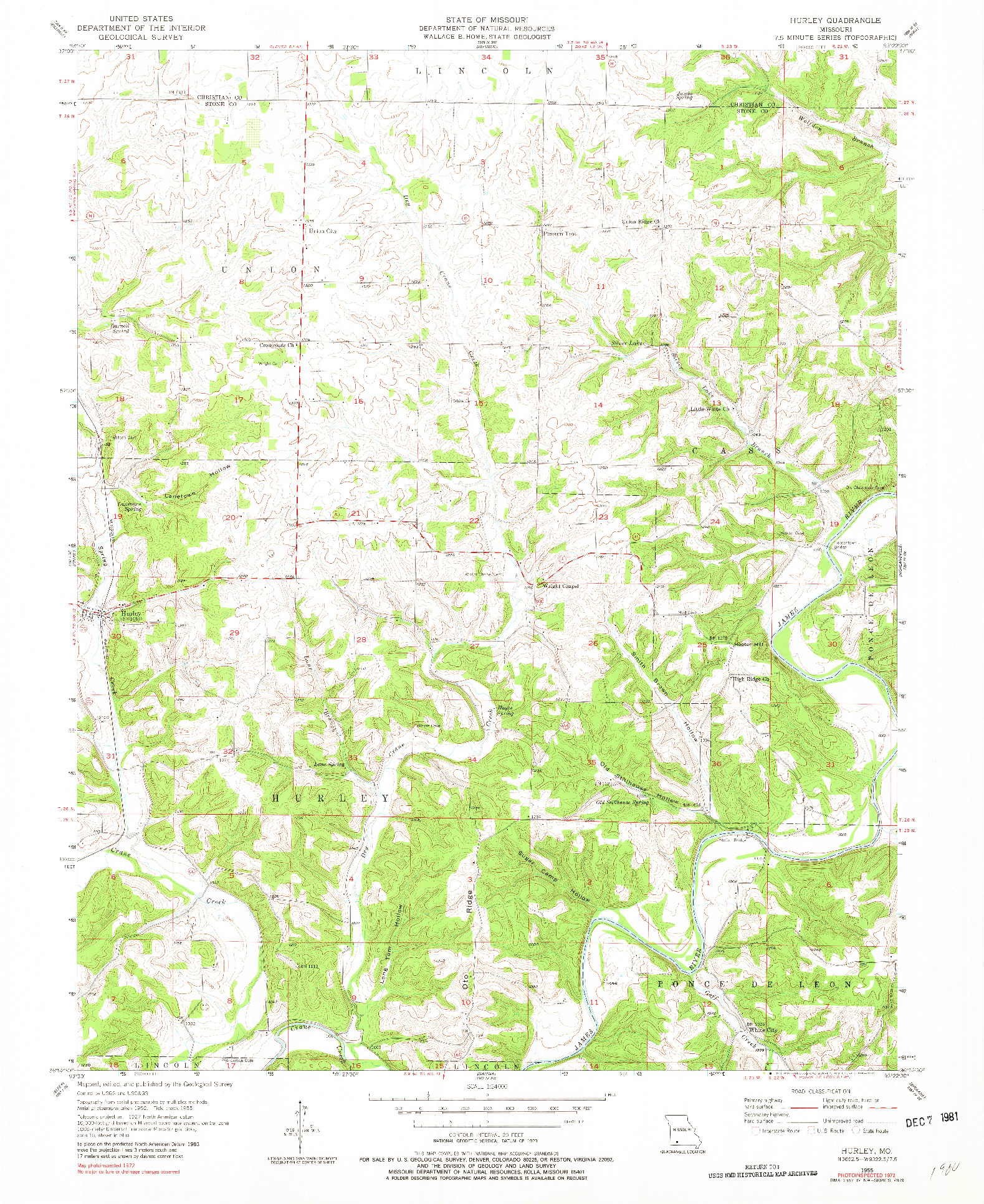 USGS 1:24000-SCALE QUADRANGLE FOR HURLEY, MO 1955