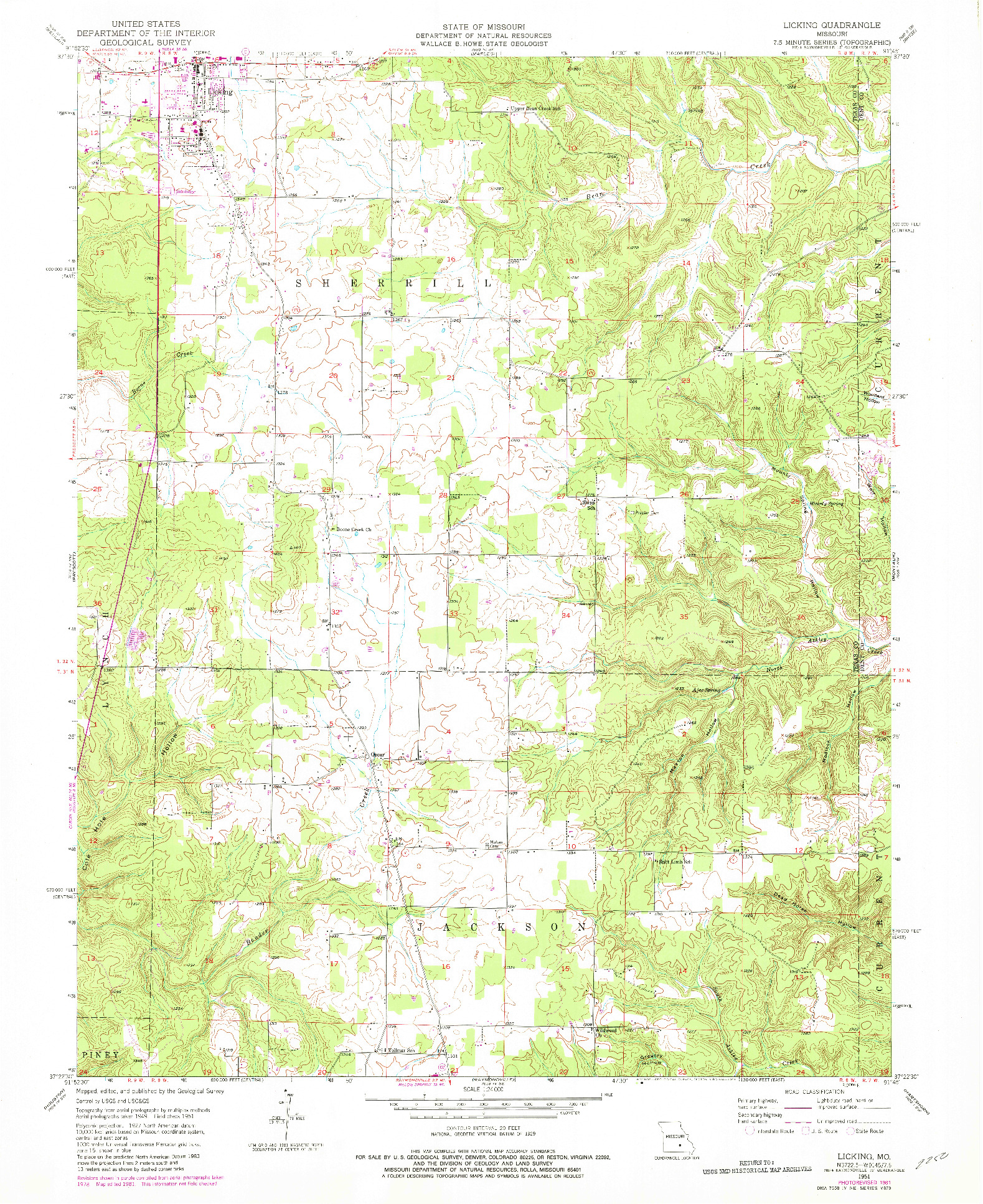 USGS 1:24000-SCALE QUADRANGLE FOR LICKING, MO 1951