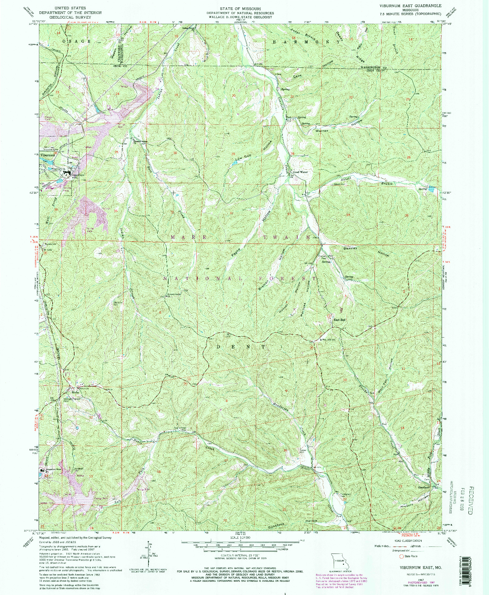 USGS 1:24000-SCALE QUADRANGLE FOR VIBURNUM EAST, MO 1967