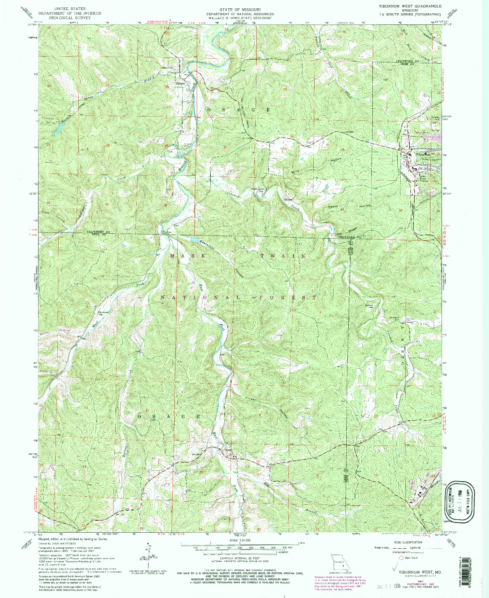 USGS 1:24000-SCALE QUADRANGLE FOR VIBURNUM WEST, MO 1967