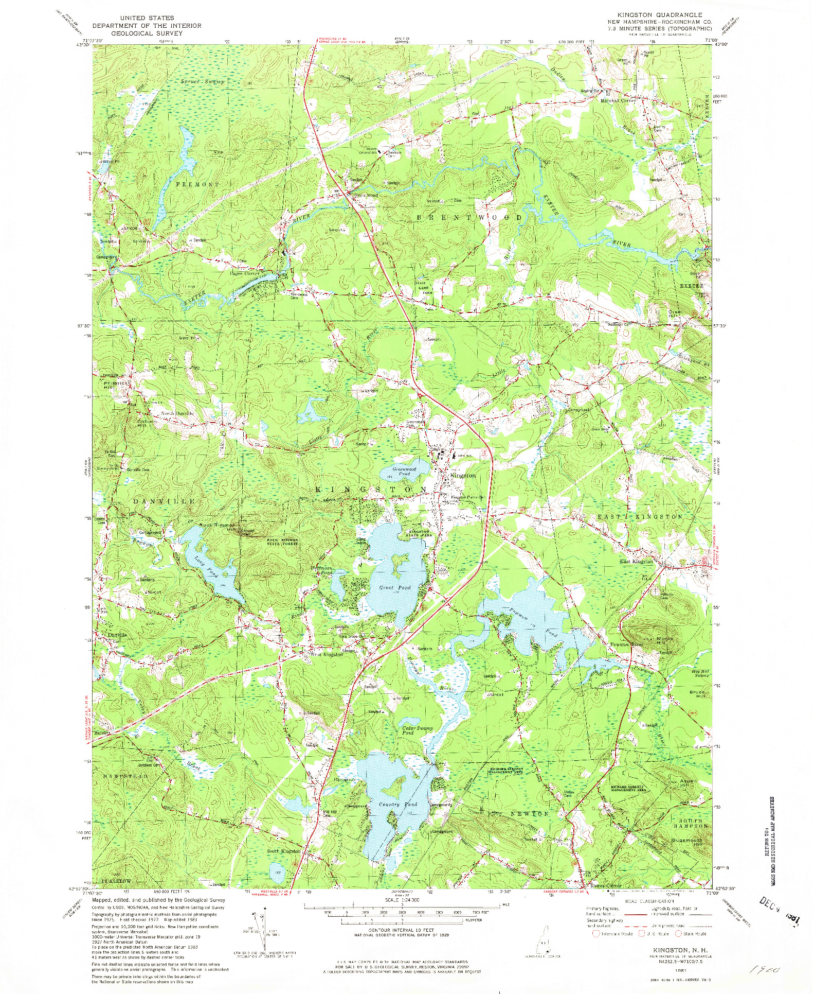USGS 1:24000-SCALE QUADRANGLE FOR KINGSTON, NH 1981