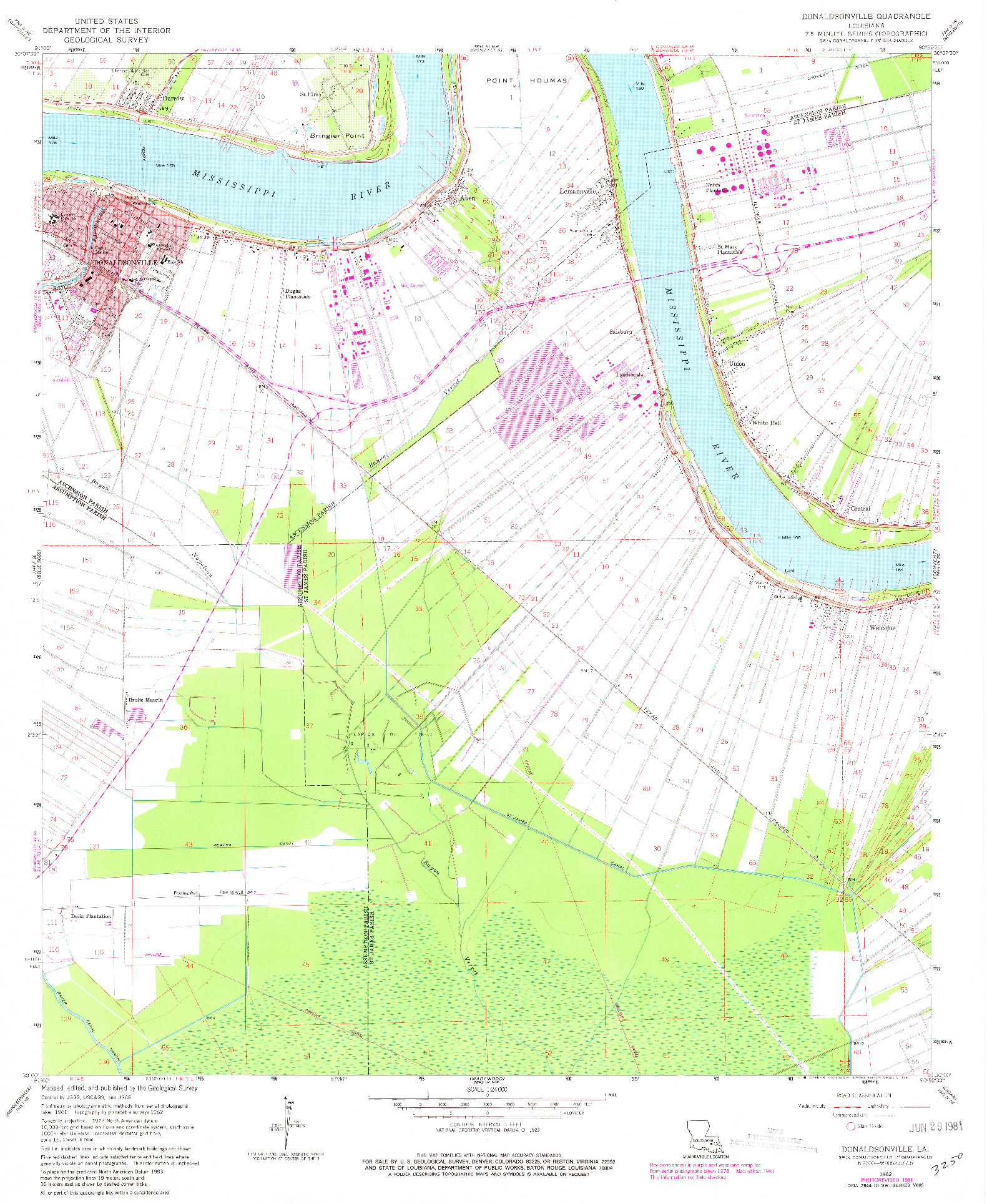 USGS 1:24000-SCALE QUADRANGLE FOR DONALDSONVILLE, LA 1962