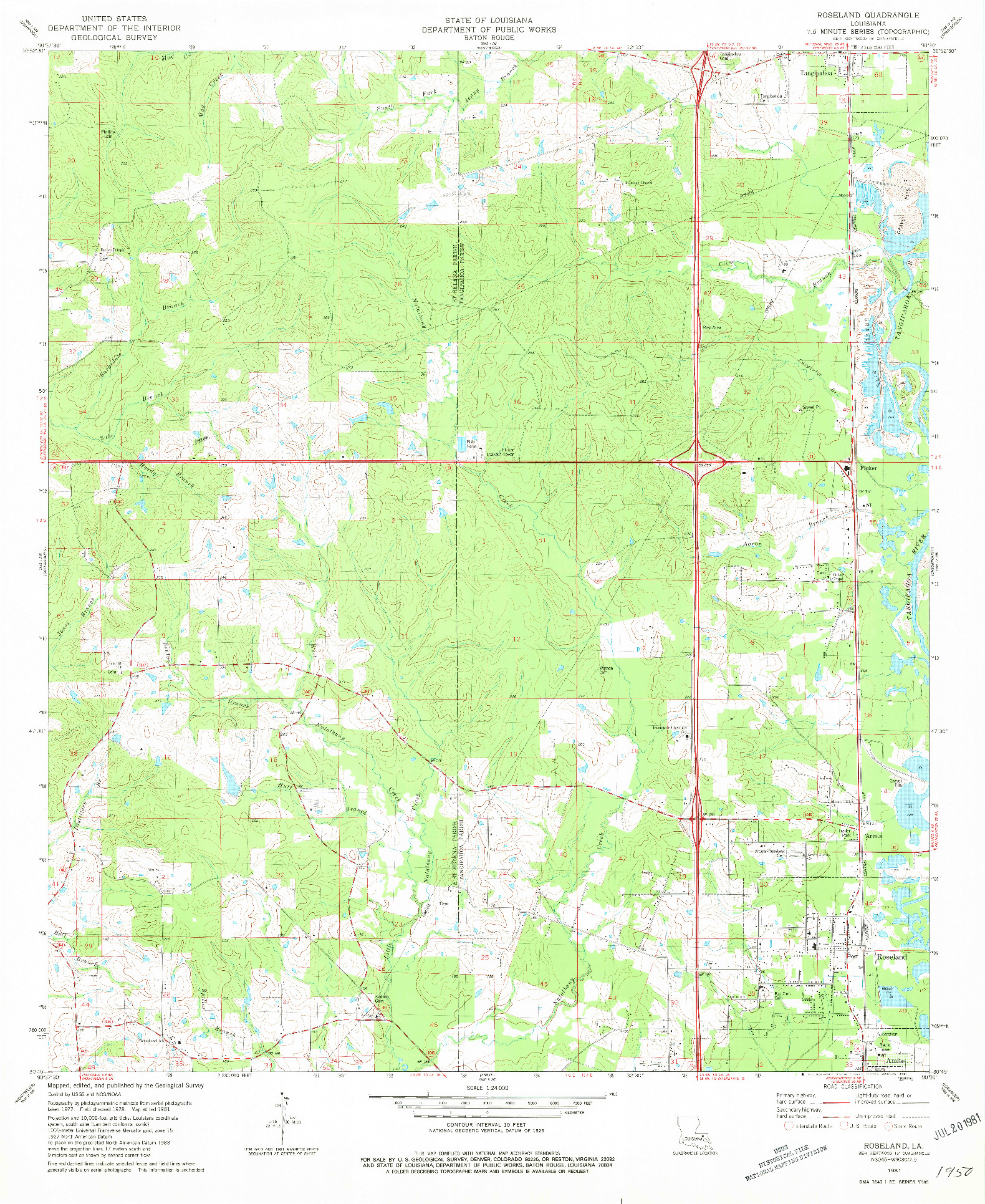 USGS 1:24000-SCALE QUADRANGLE FOR ROSELAND, LA 1981