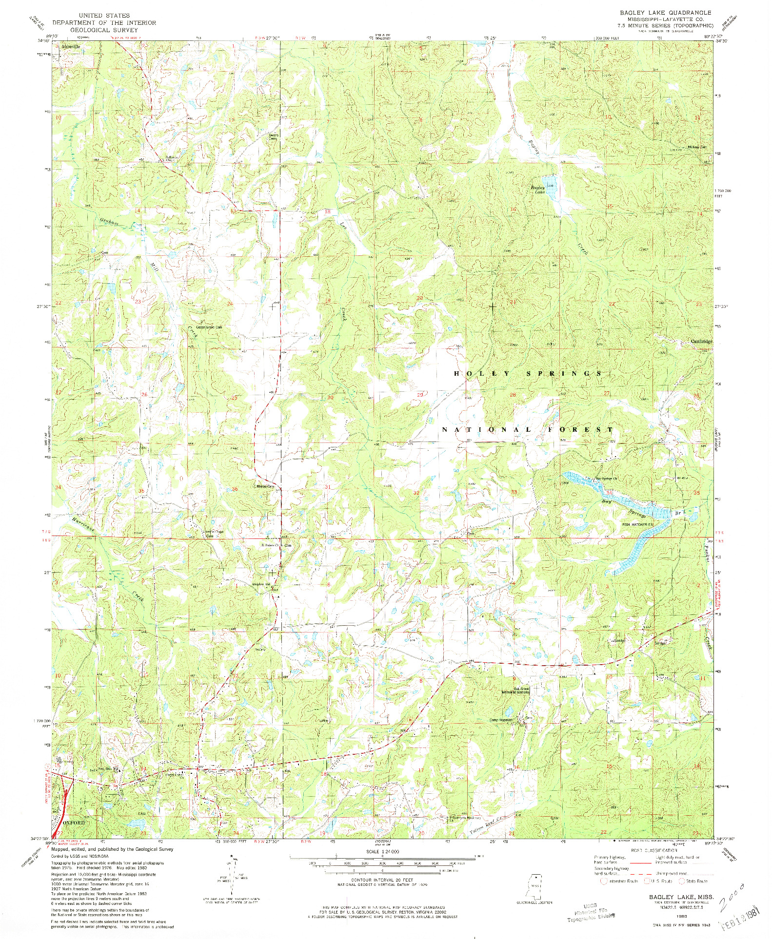 USGS 1:24000-SCALE QUADRANGLE FOR BAGLEY LAKE, MS 1980