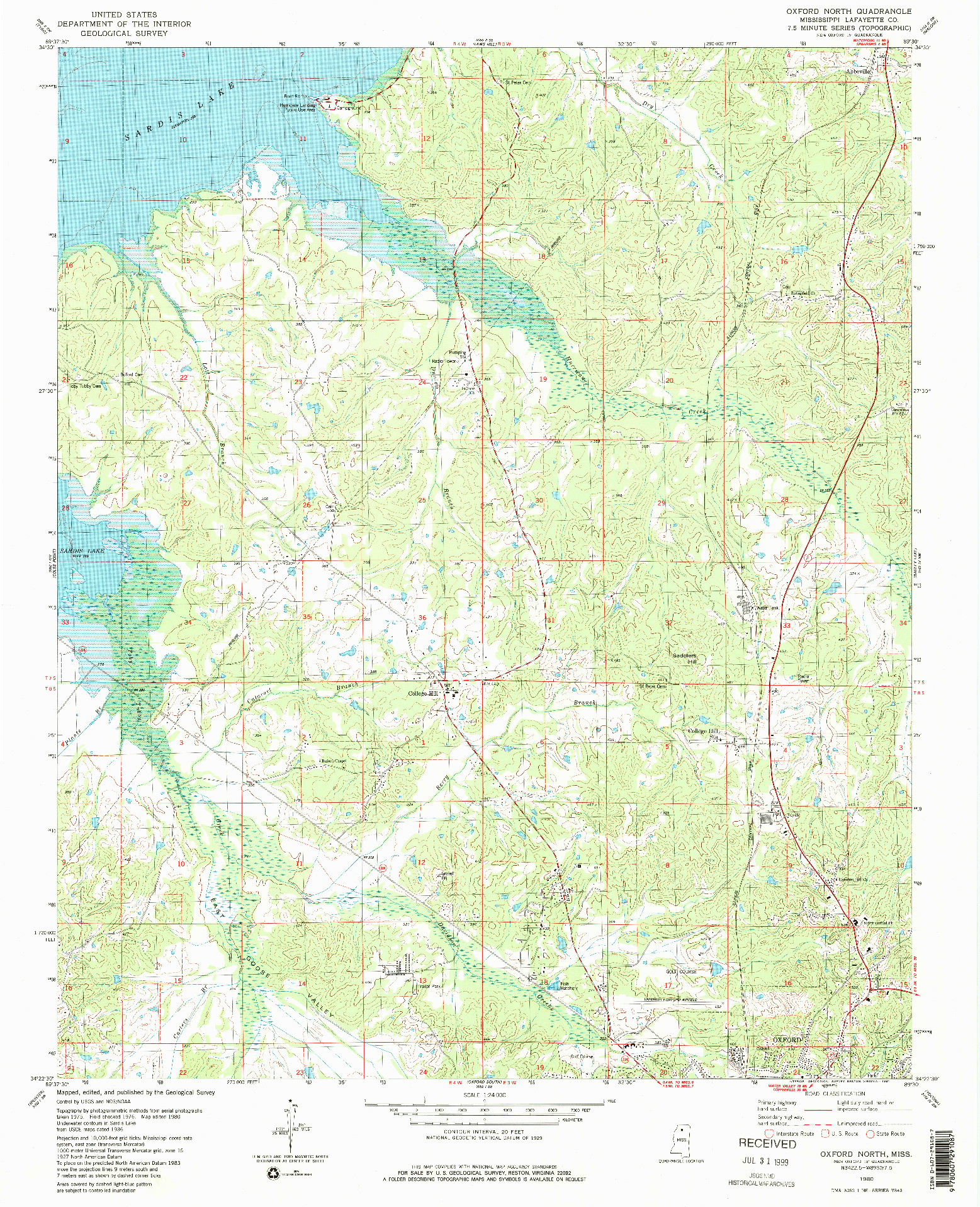 USGS 1:24000-SCALE QUADRANGLE FOR OXFORD NORTH, MS 1980