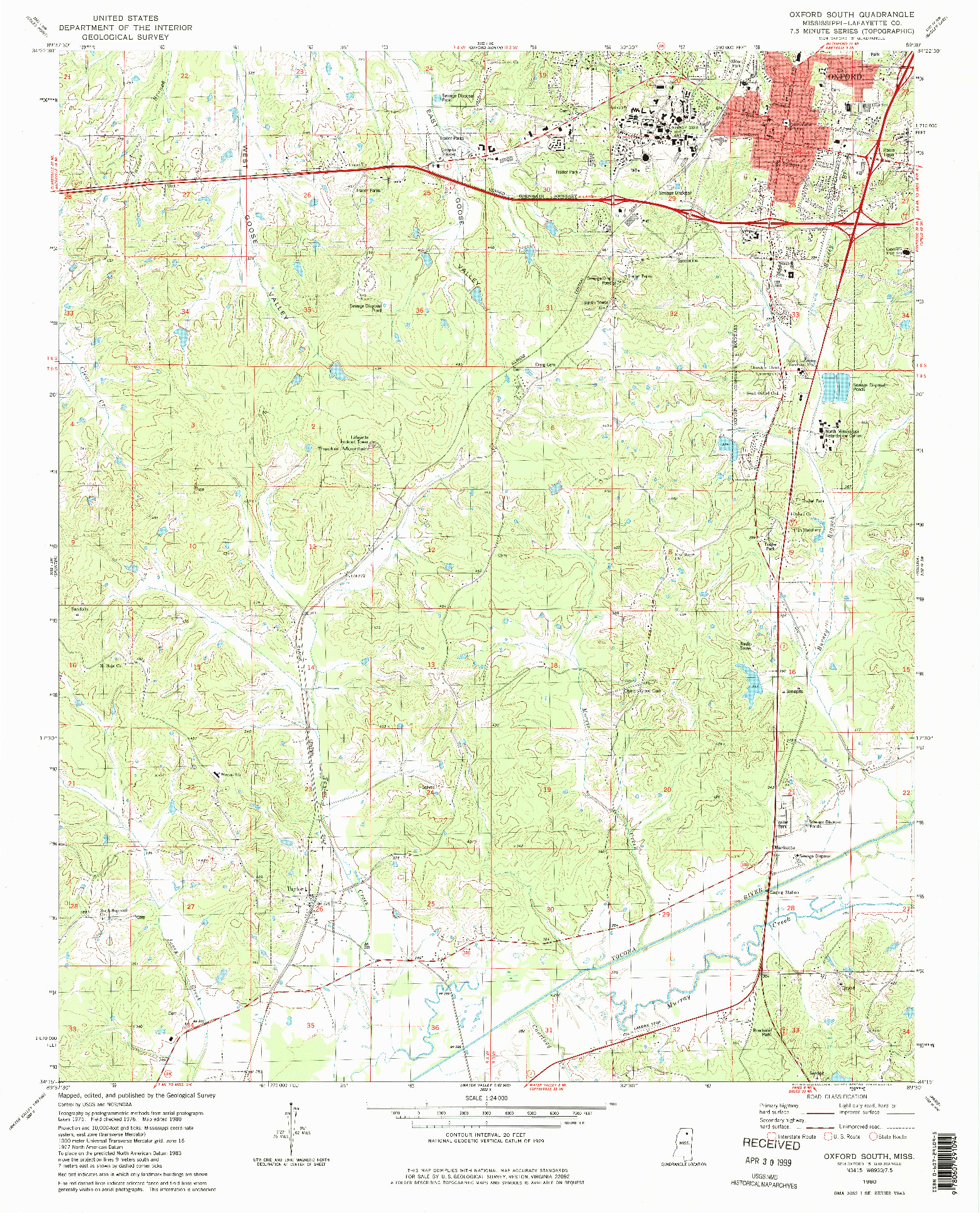 USGS 1:24000-SCALE QUADRANGLE FOR OXFORD SOUTH, MS 1980