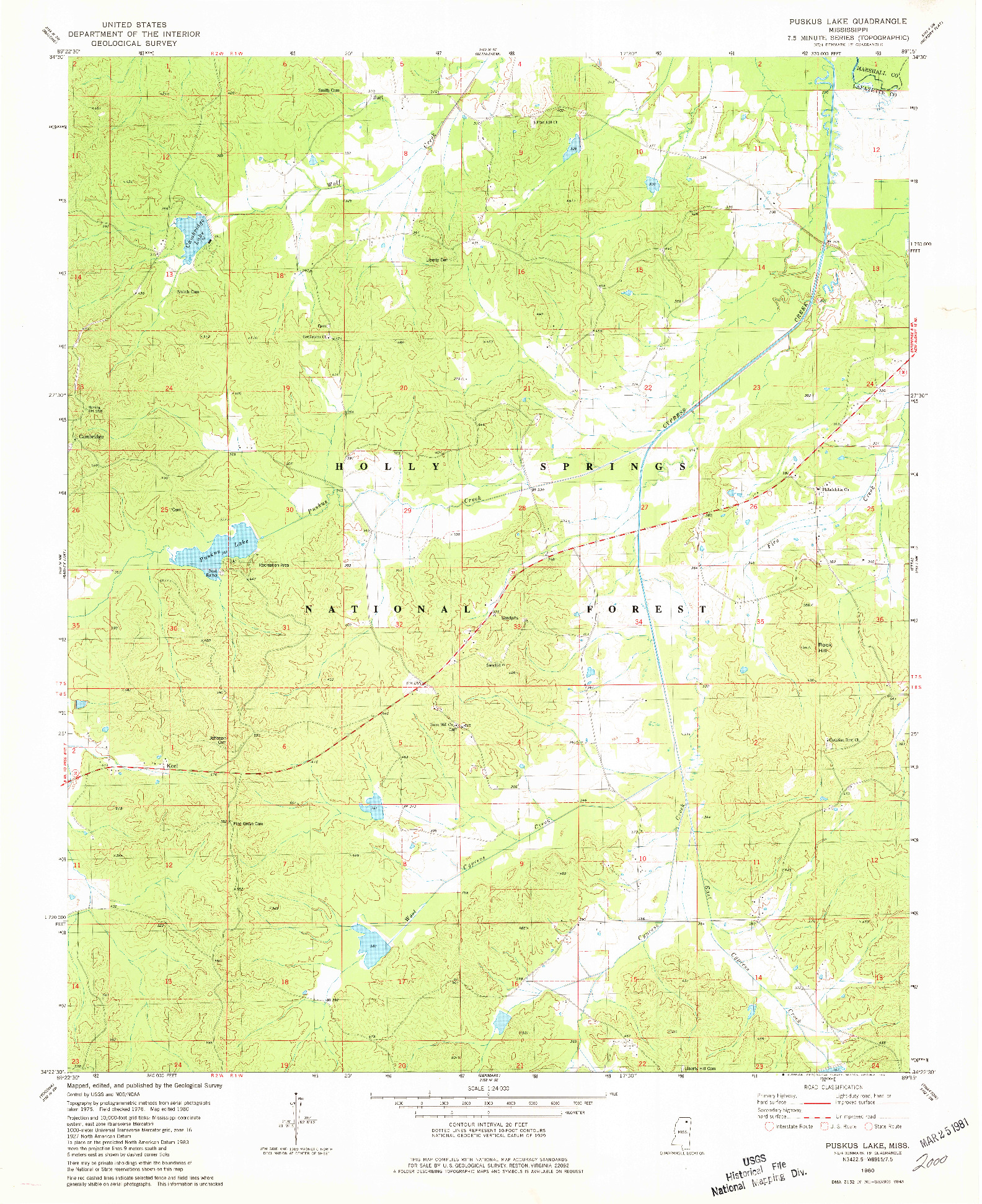 USGS 1:24000-SCALE QUADRANGLE FOR PUSKUS LAKE, MS 1980