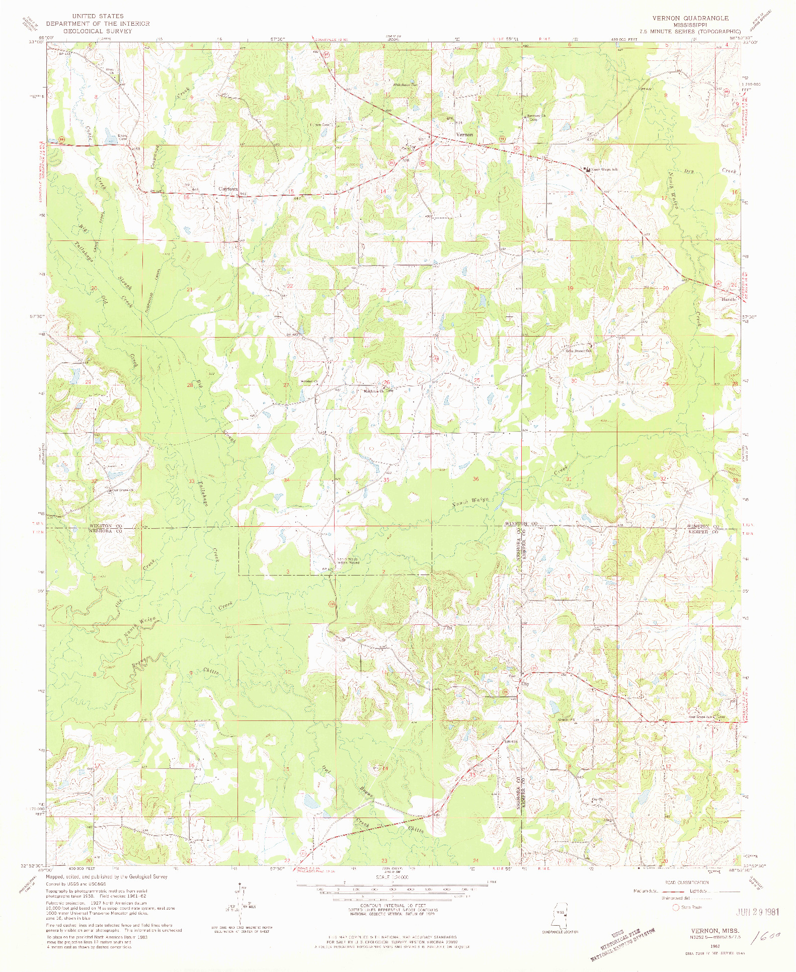 USGS 1:24000-SCALE QUADRANGLE FOR VERNON, MS 1962