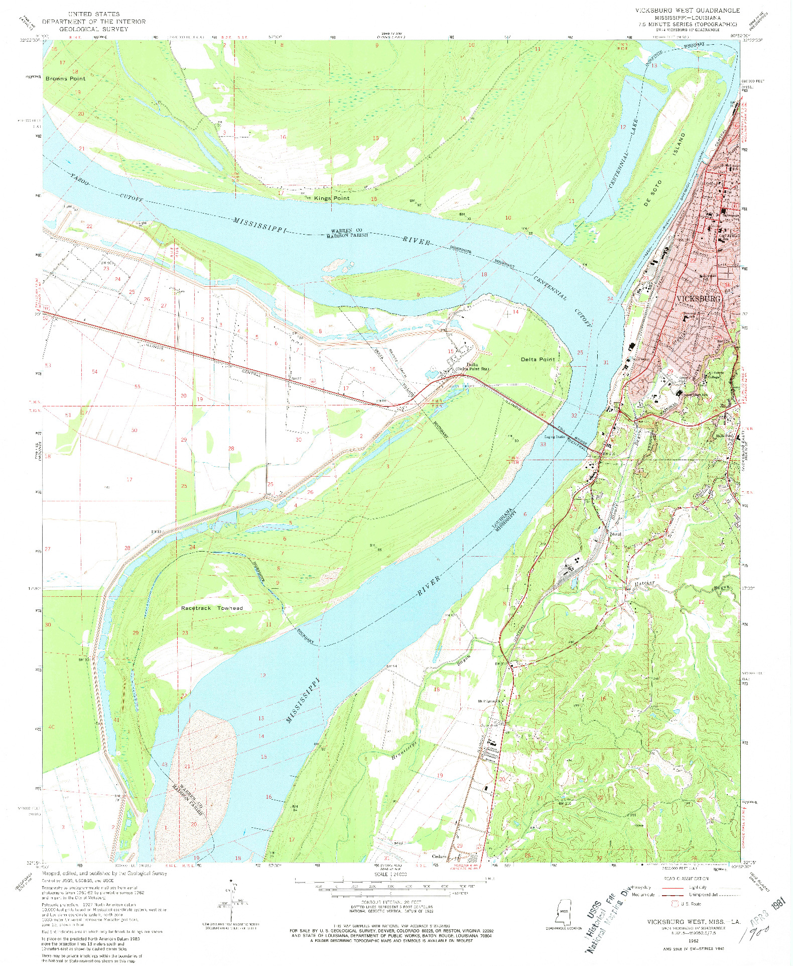 USGS 1:24000-SCALE QUADRANGLE FOR VICKSBURG WEST, MS 1962