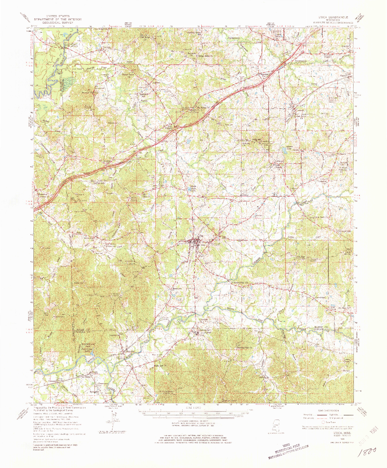 USGS 1:62500-SCALE QUADRANGLE FOR UTICA, MS 1965