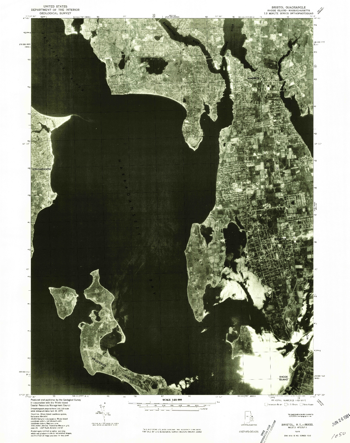 USGS 1:25000-SCALE QUADRANGLE FOR BRISTOL, RI 1975