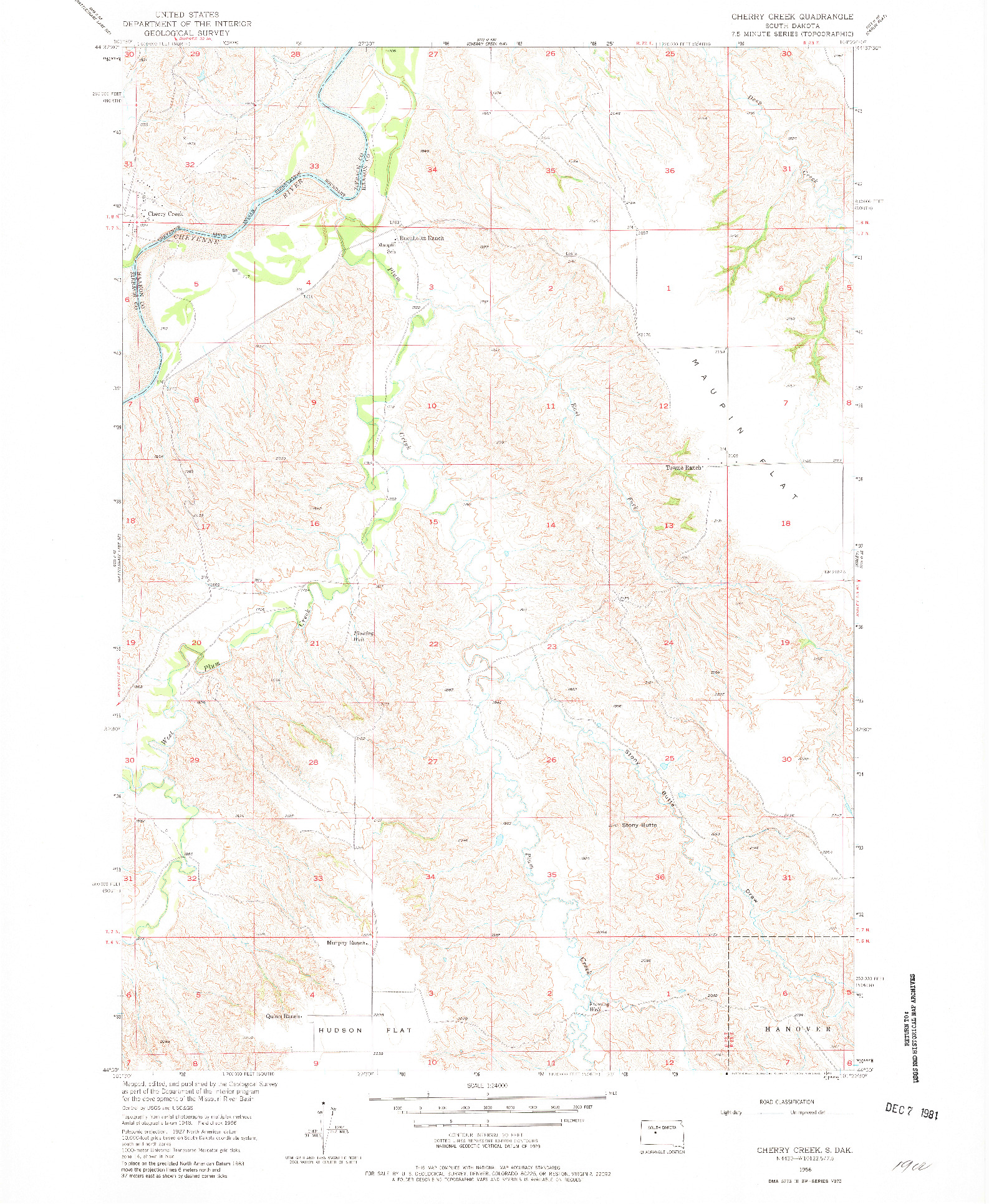 USGS 1:24000-SCALE QUADRANGLE FOR CHERRY CREEK, SD 1956