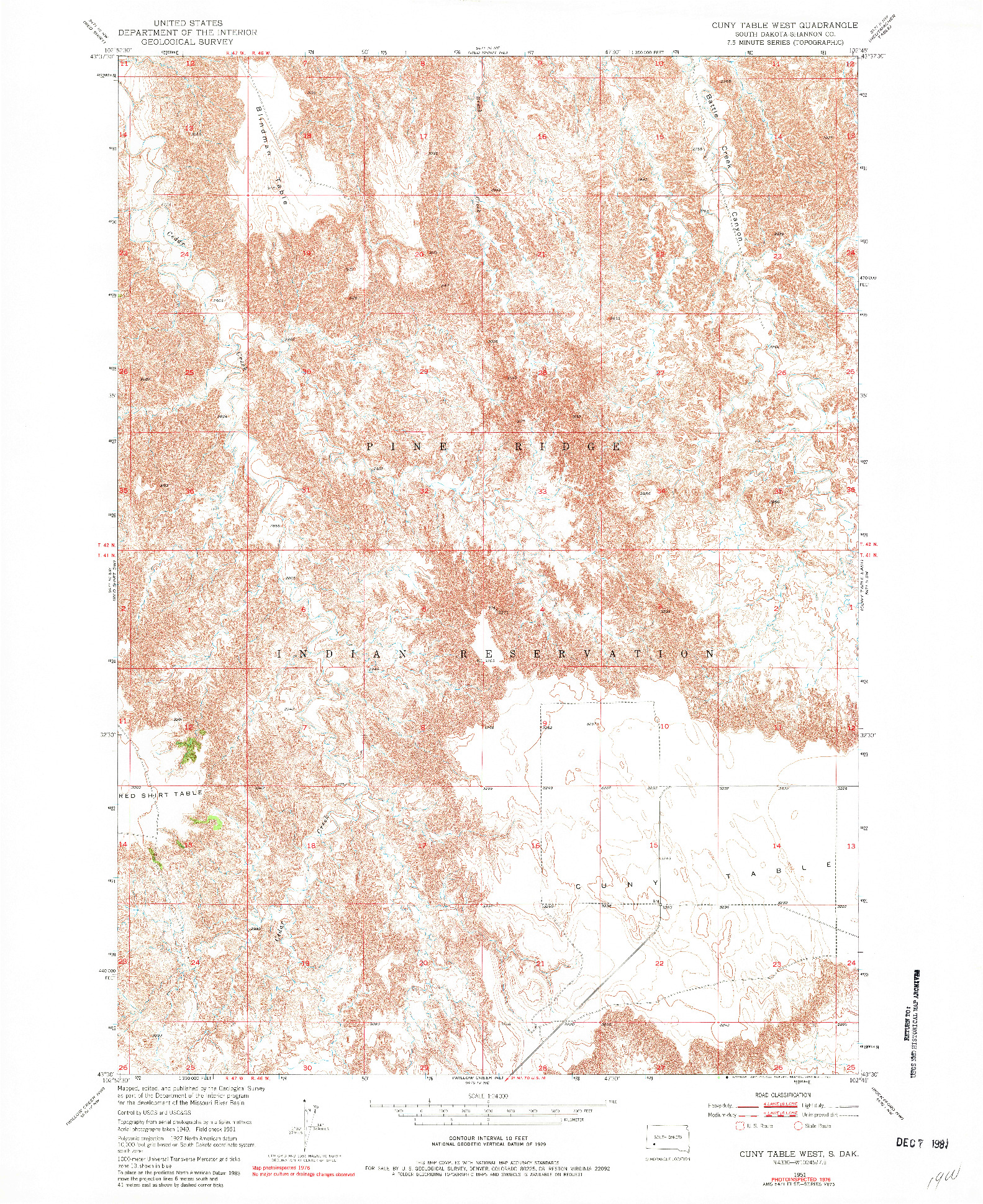 USGS 1:24000-SCALE QUADRANGLE FOR CUNY TABLE WEST, SD 1951