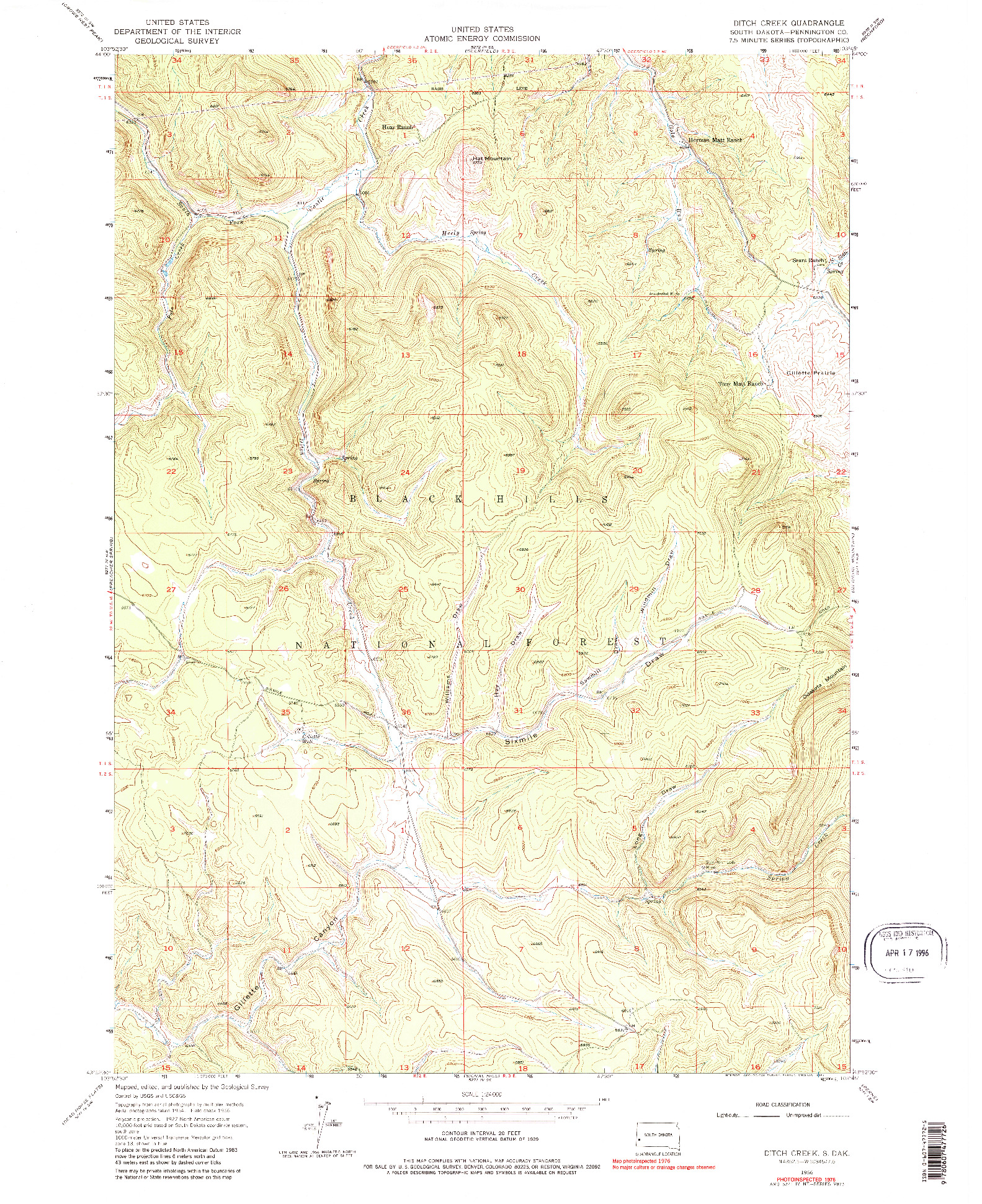 USGS 1:24000-SCALE QUADRANGLE FOR DITCH CREEK, SD 1956