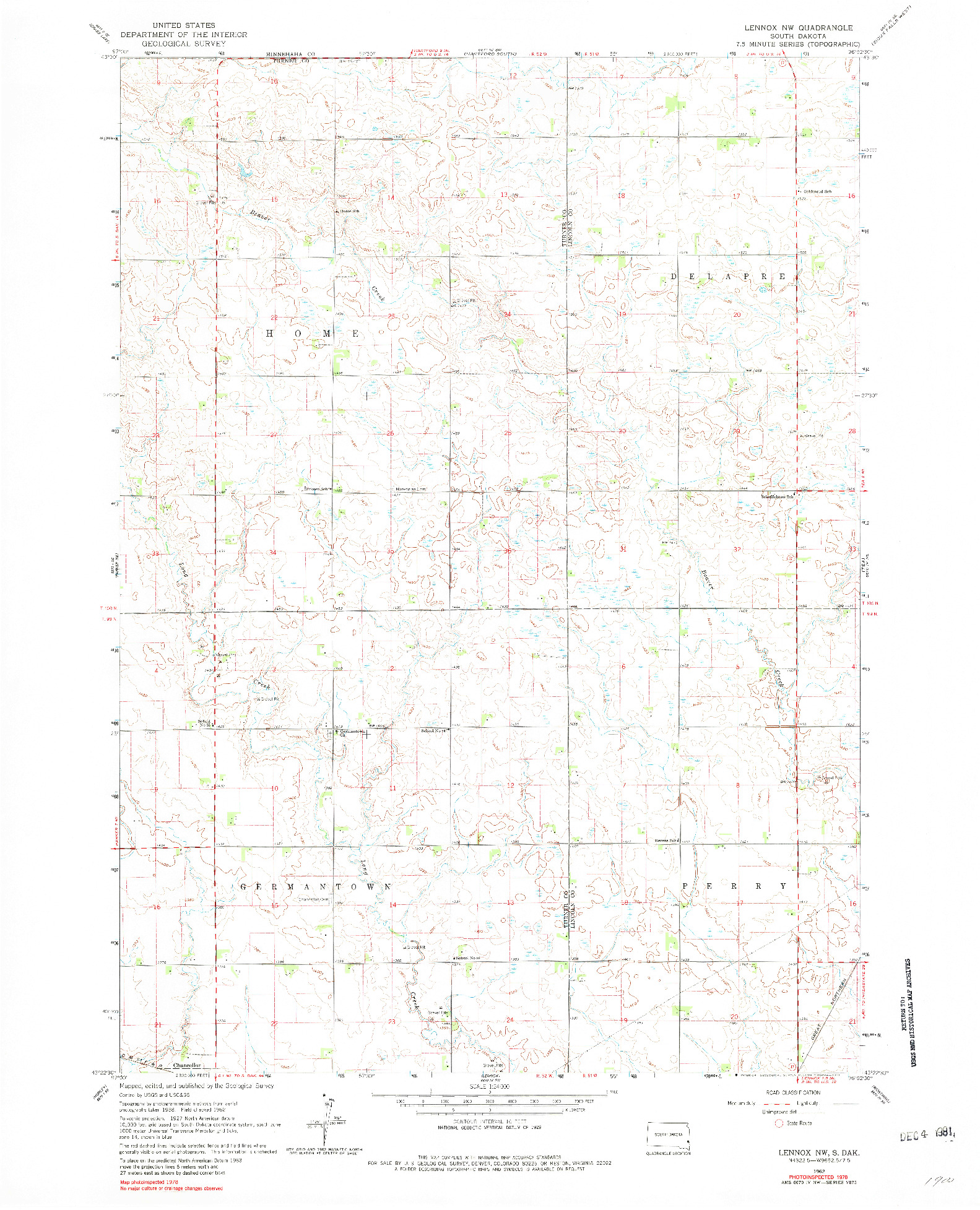 USGS 1:24000-SCALE QUADRANGLE FOR LENNOX NW, SD 1962