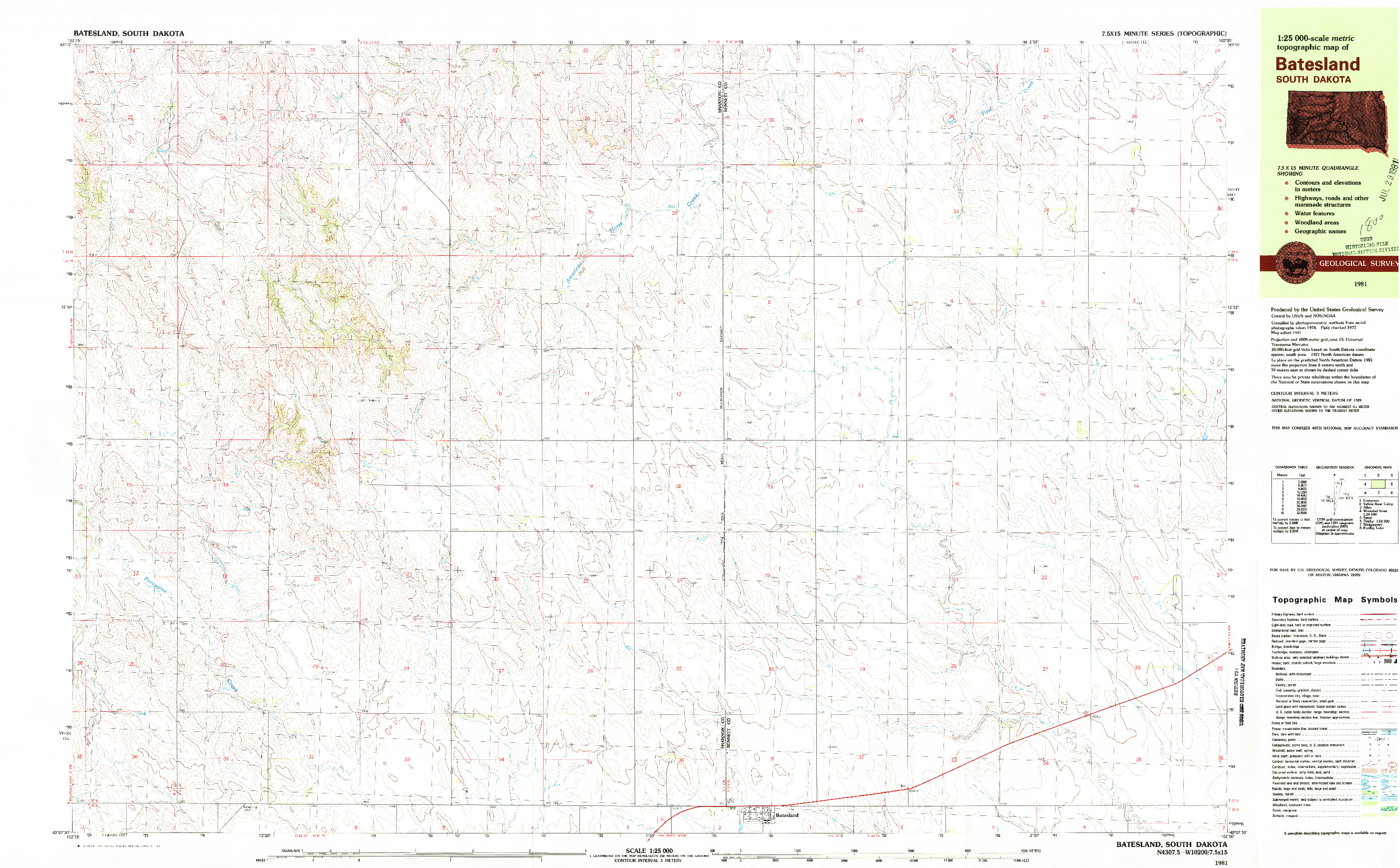 USGS 1:25000-SCALE QUADRANGLE FOR BATESLAND, SD 1981